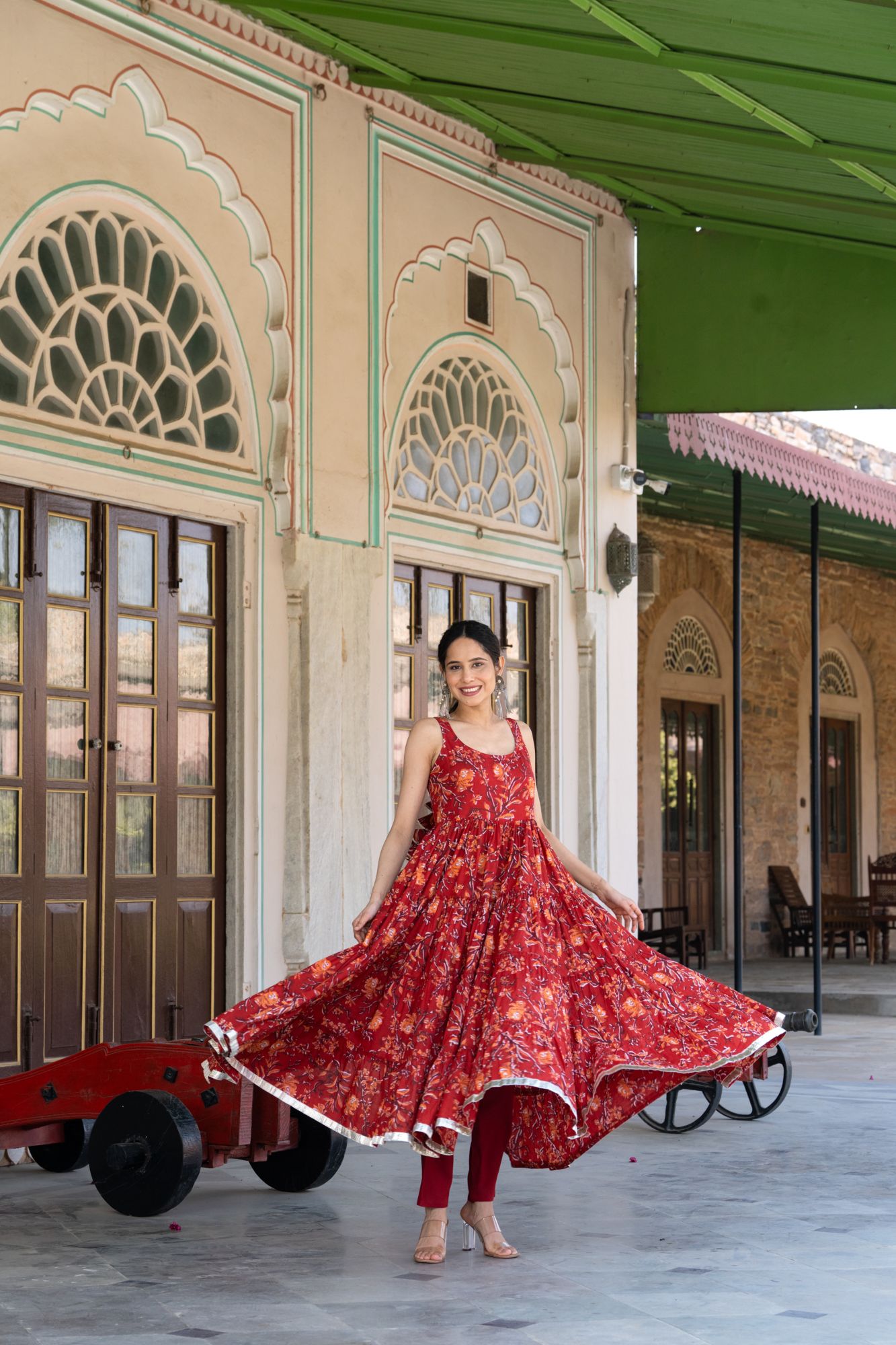 RED BLOSSOM COTTON ANARKALI SUIT SET