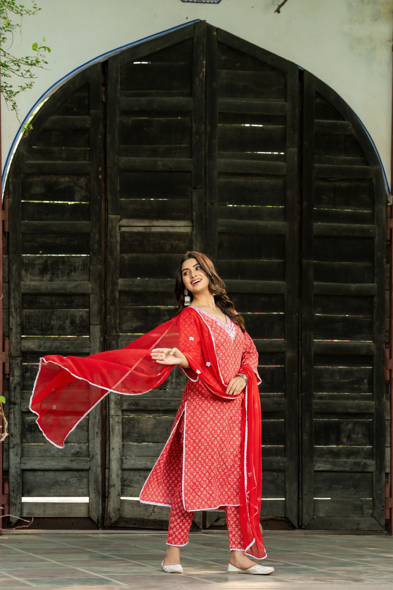 RED EMBROIDERED KANTHA KURTA SET