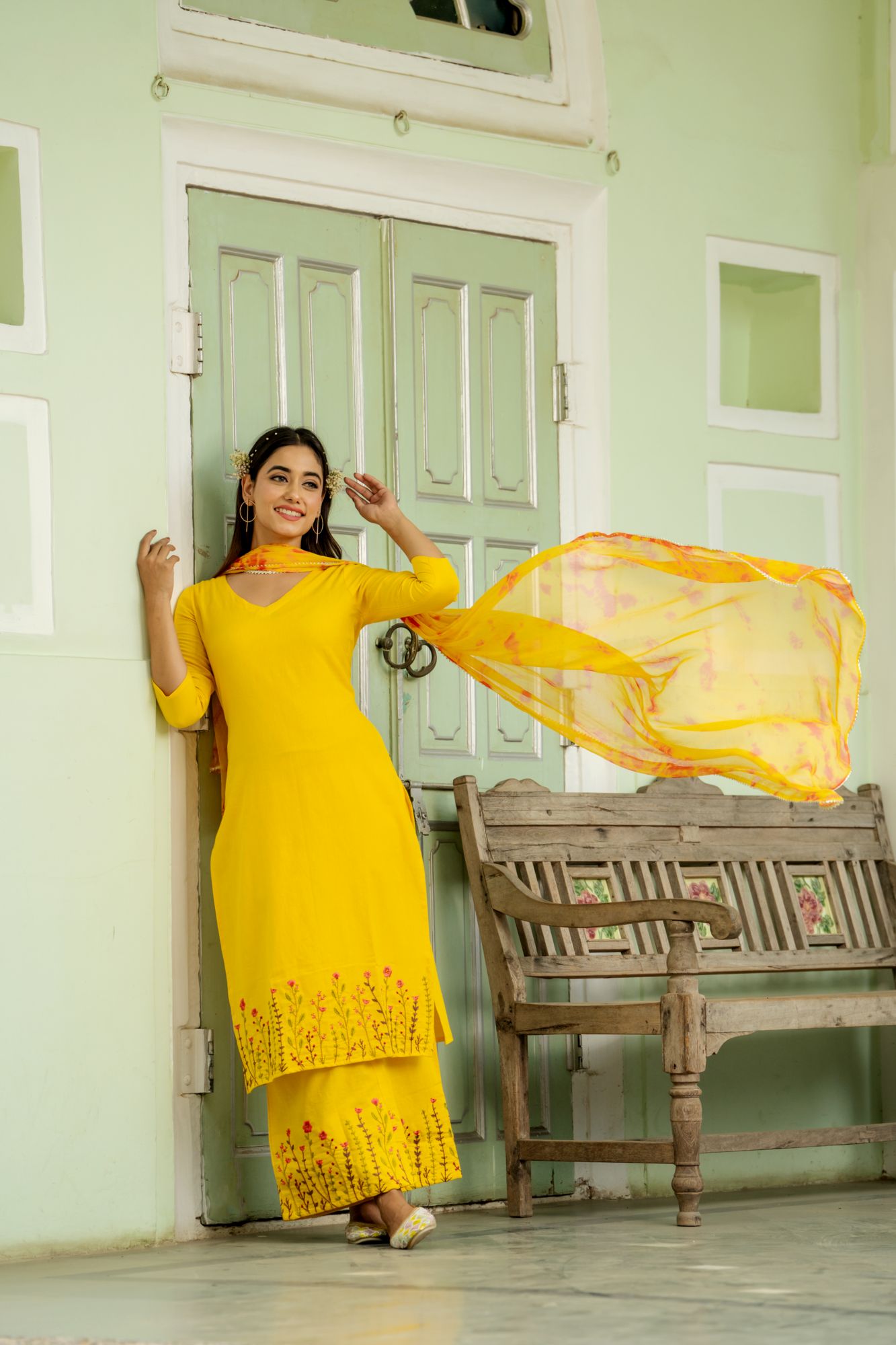 BRIGHT MUSTARD EMBROIDERY PALAZZO SET