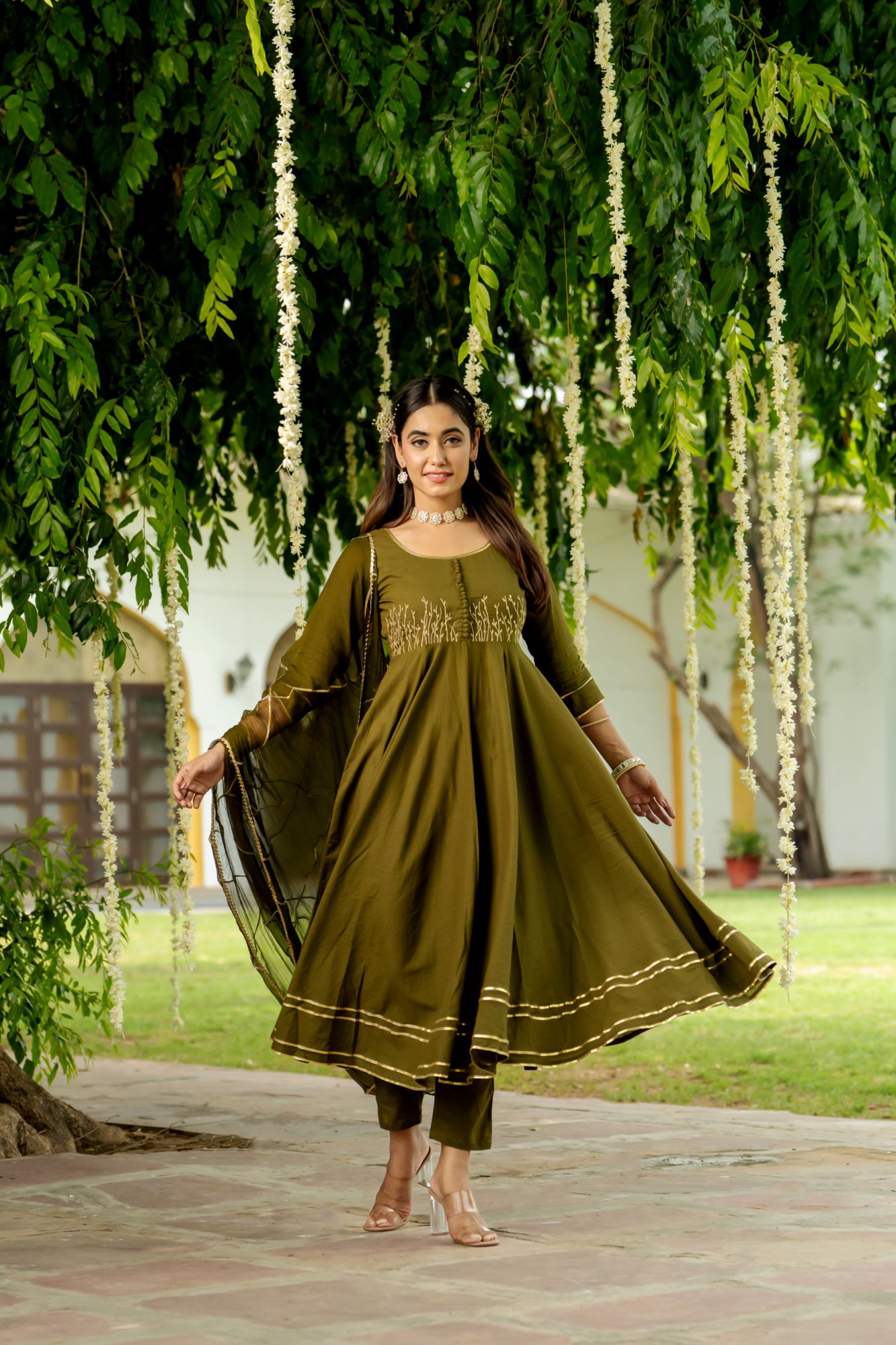 OLIVE ZARI ELEGANCE ANARKALI SET