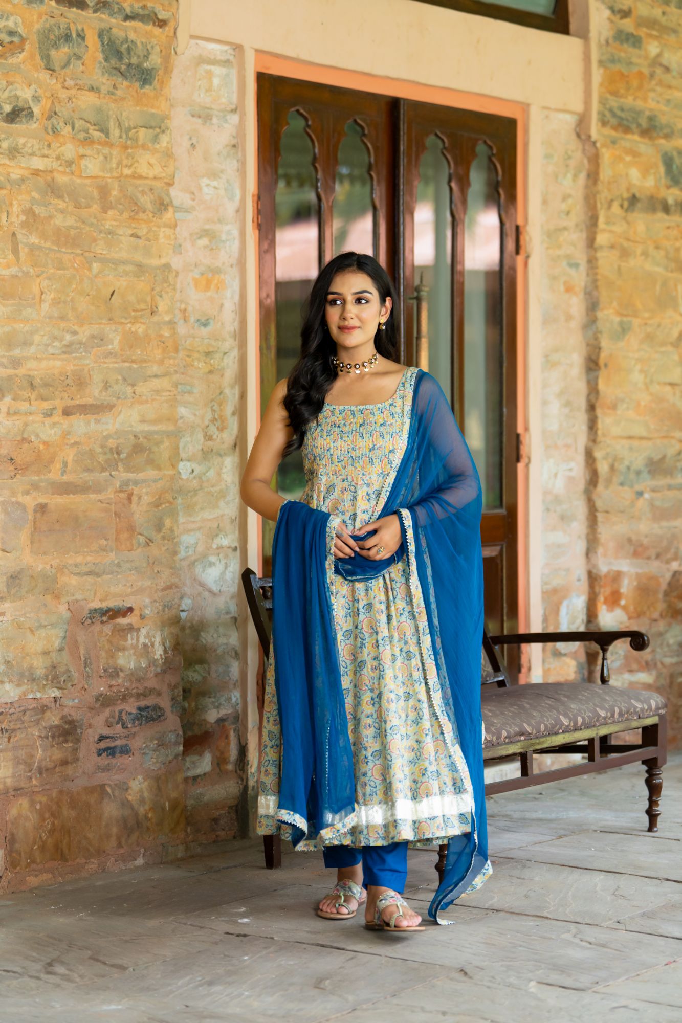 TEAL BLOOM ANARKALI SUIT SET