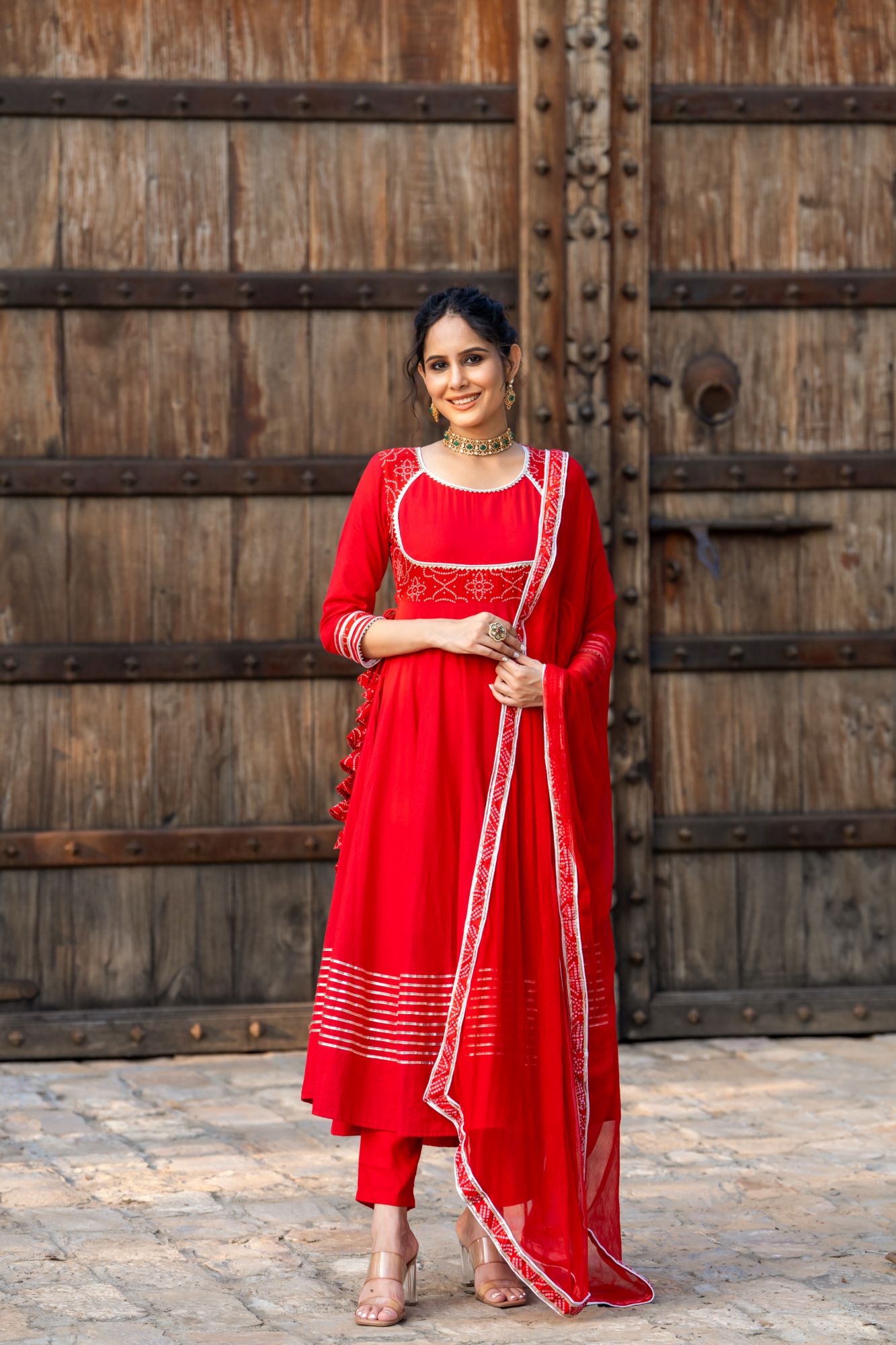 RADIANT RED BANDHANI ANARKALI SET