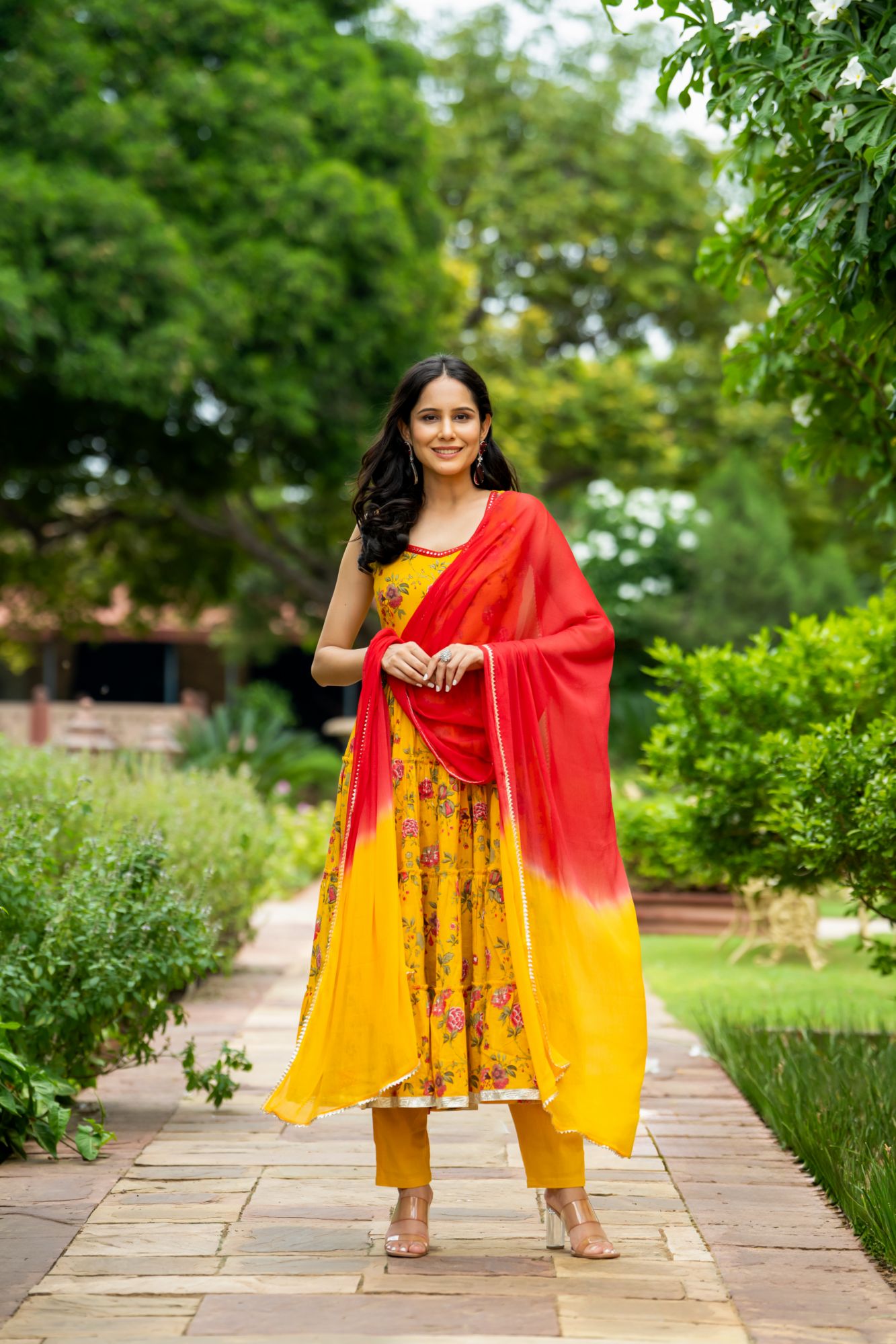 MUSTARD MIRROR BLOSSOM ANARKALI SET