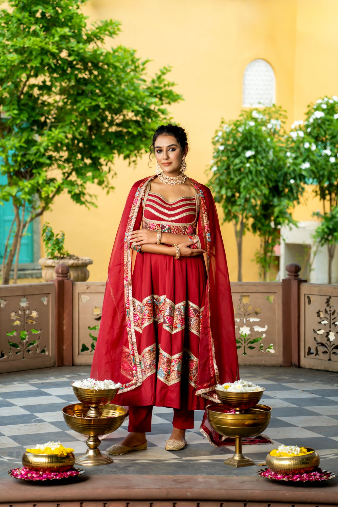 LUXE MAROON EMBROIDERED ANARKALI SUIT SET