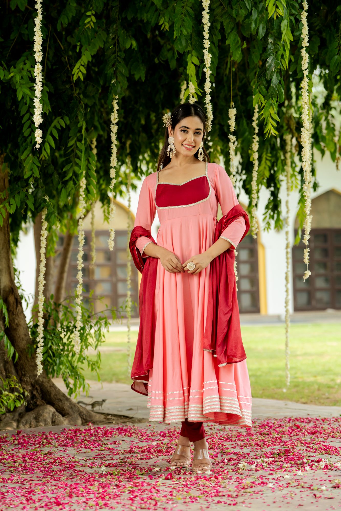 OPULENCE PEACH MAROON LACE SUIT SET