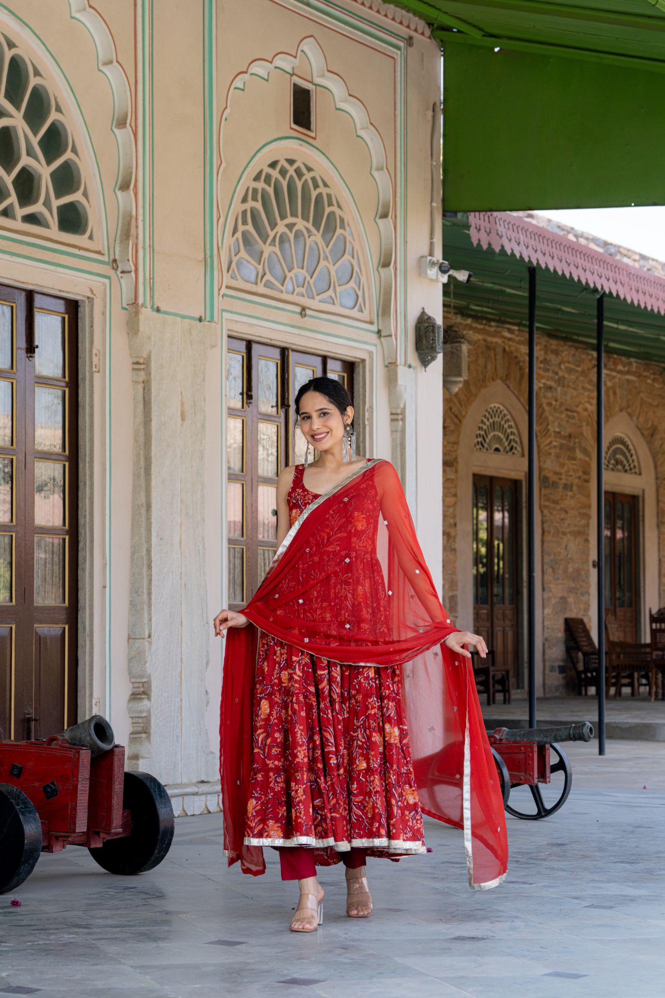 RED BLOSSOM COTTON ANARKALI SUIT SET