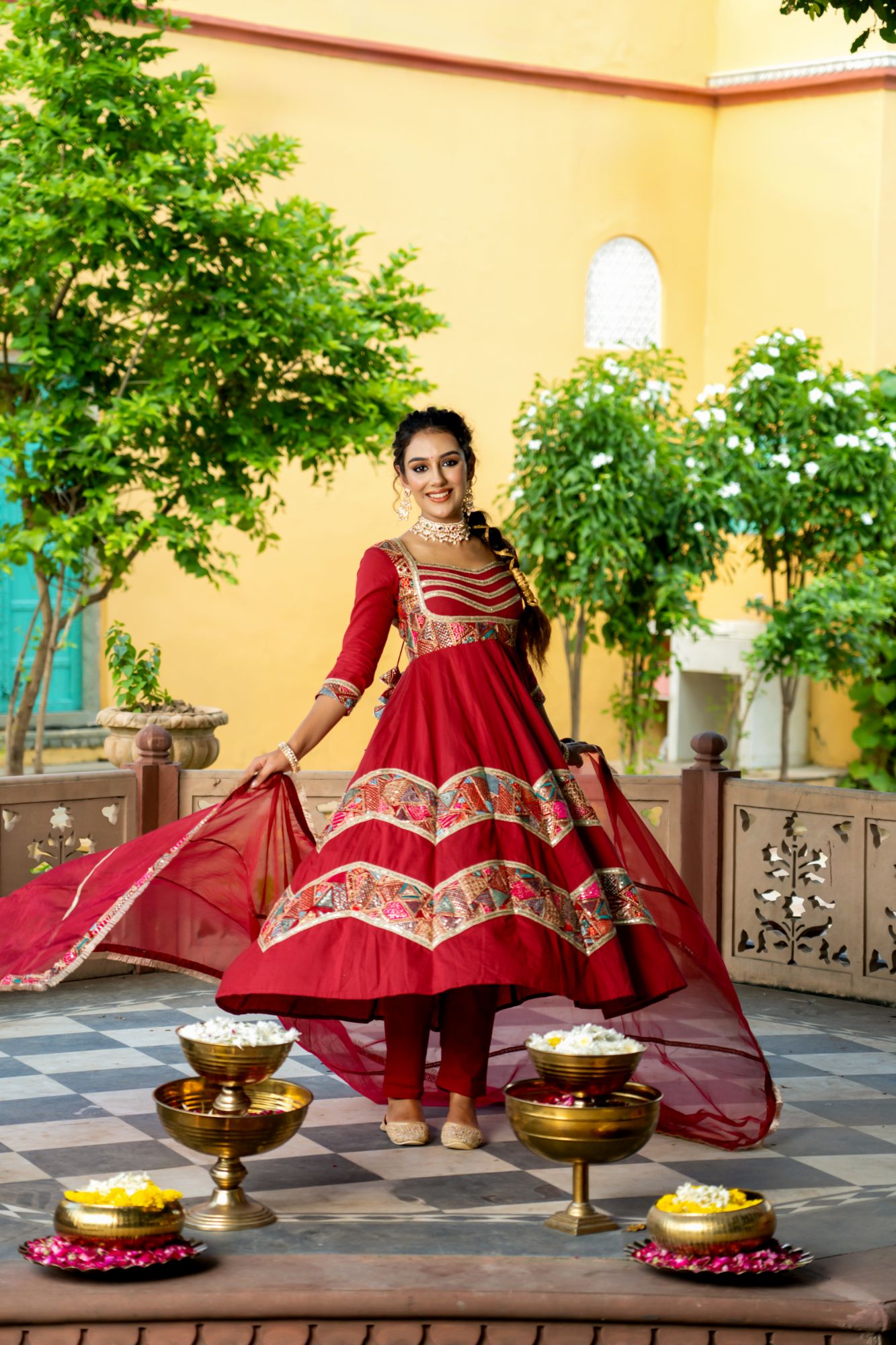 LUXE MAROON EMBROIDERED ANARKALI SUIT SET