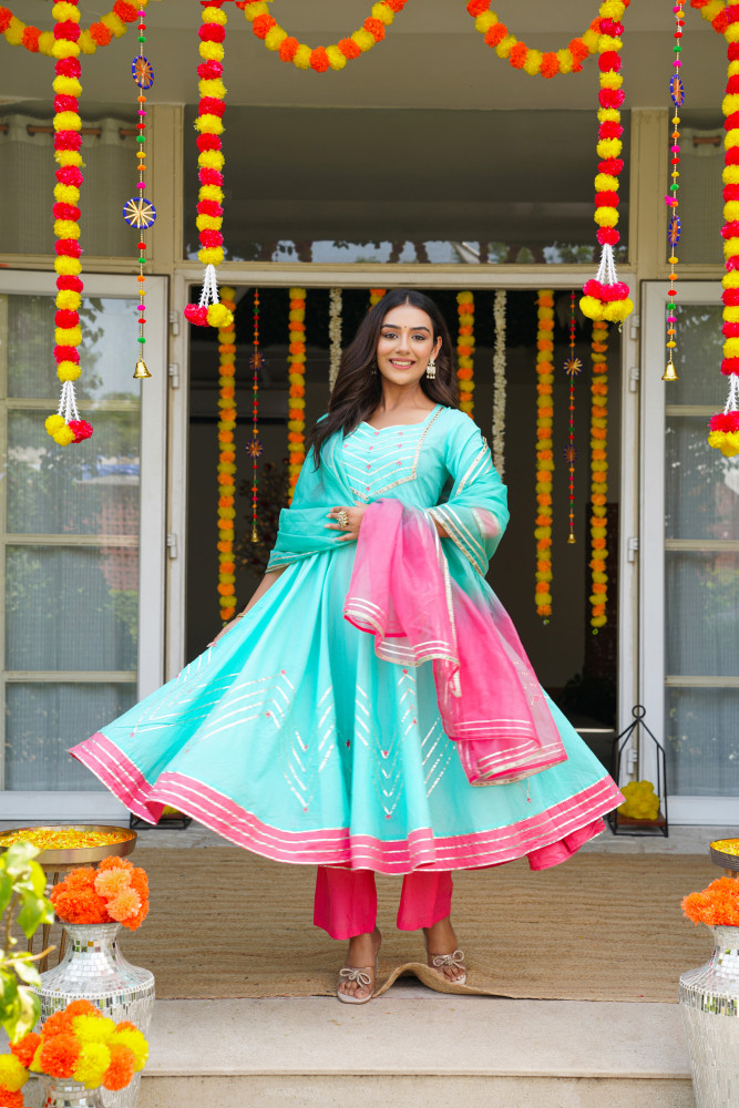 Image of TURKQUOISE GOTA CHARM ANARKALI SET