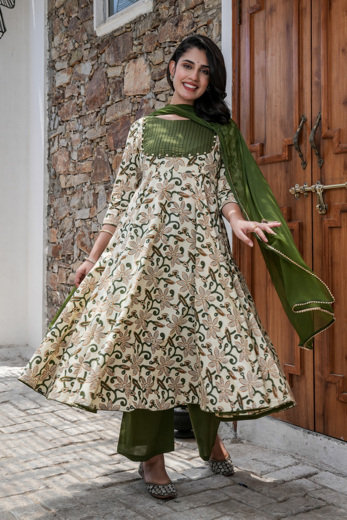GOLF GREEN COTTON ANARKALI SET