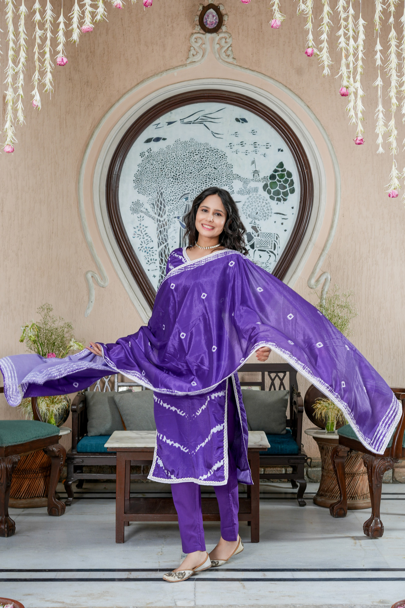 PURPLE LEHERIYA EMBELLISHED KURTA SET