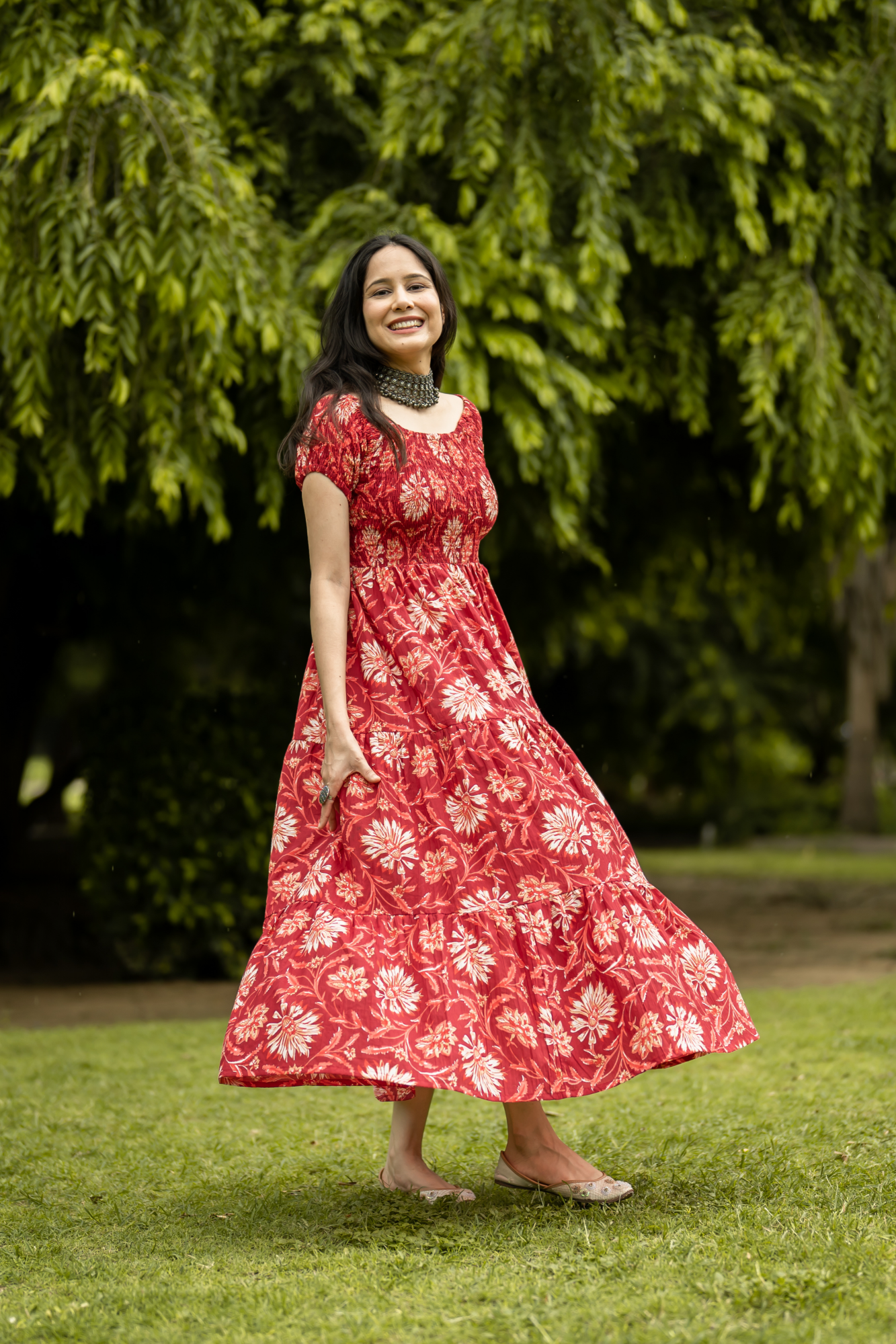 RED COTTON OFF-SHOULDER TIERED DRESS