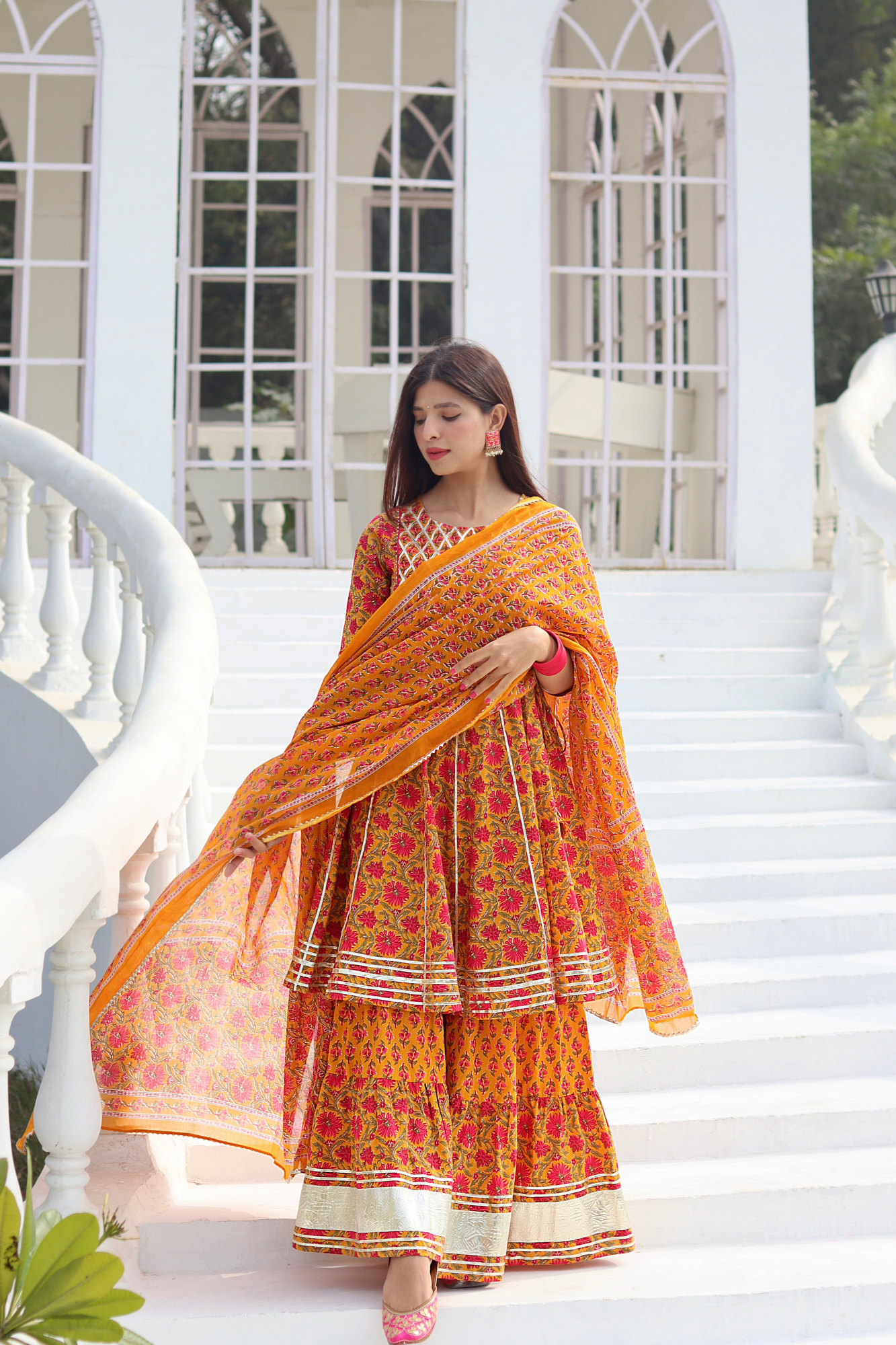 YELLOW HANDBLOCK COTTON SHARARA SET