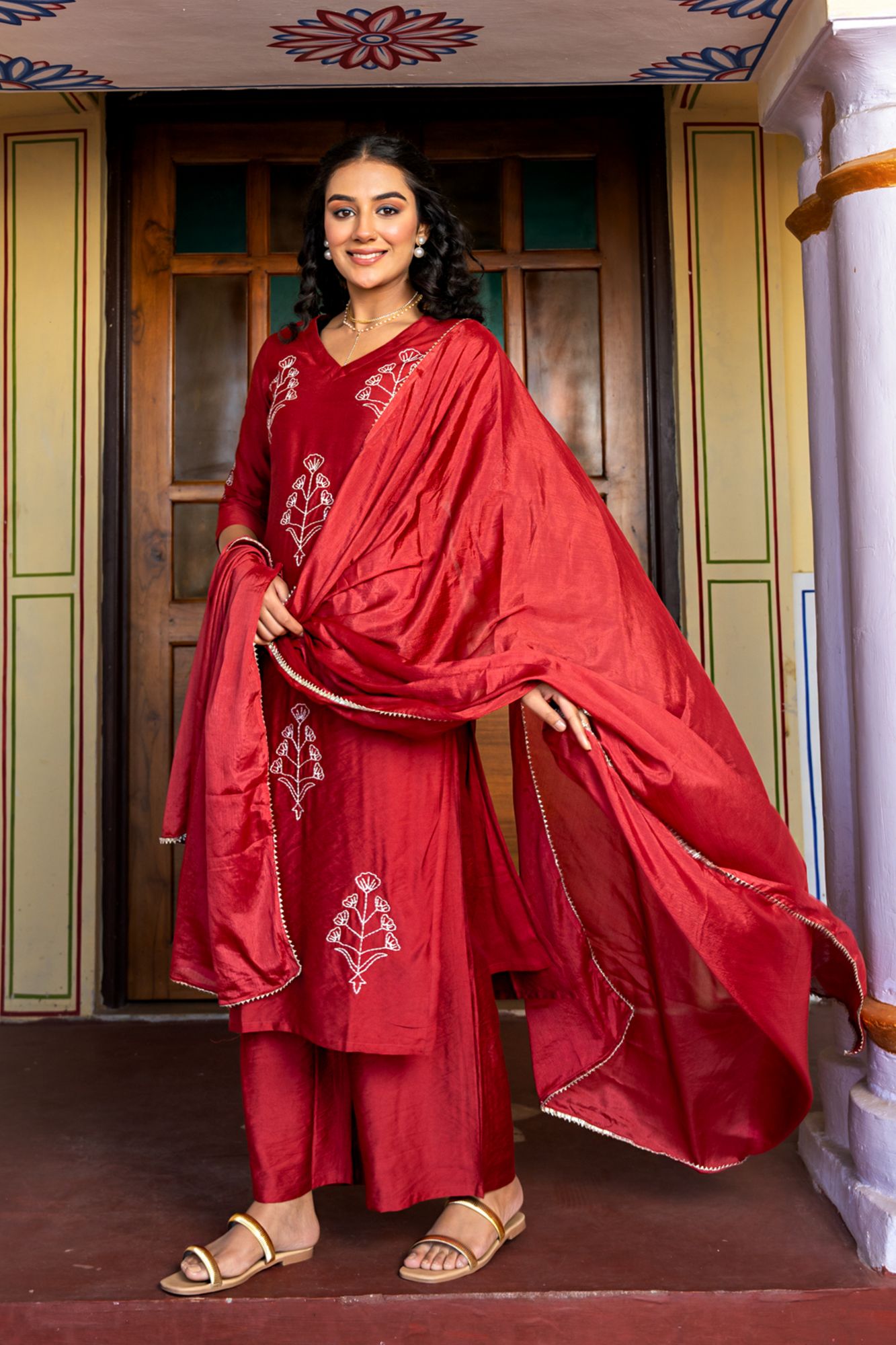 RAVYA CHANDERI THREAD KURTA SET
