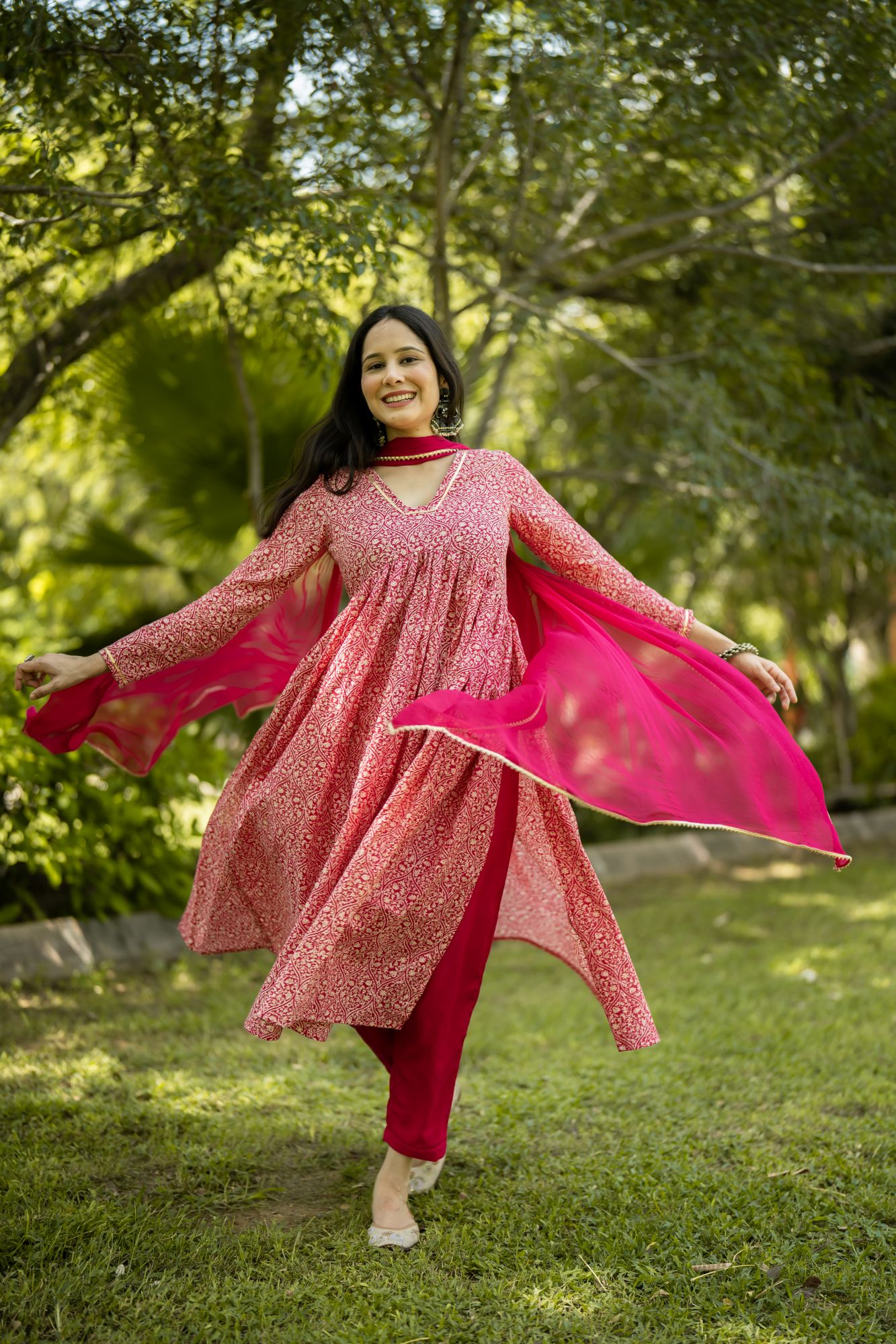 PINK COTTON FLARED KURTA SET