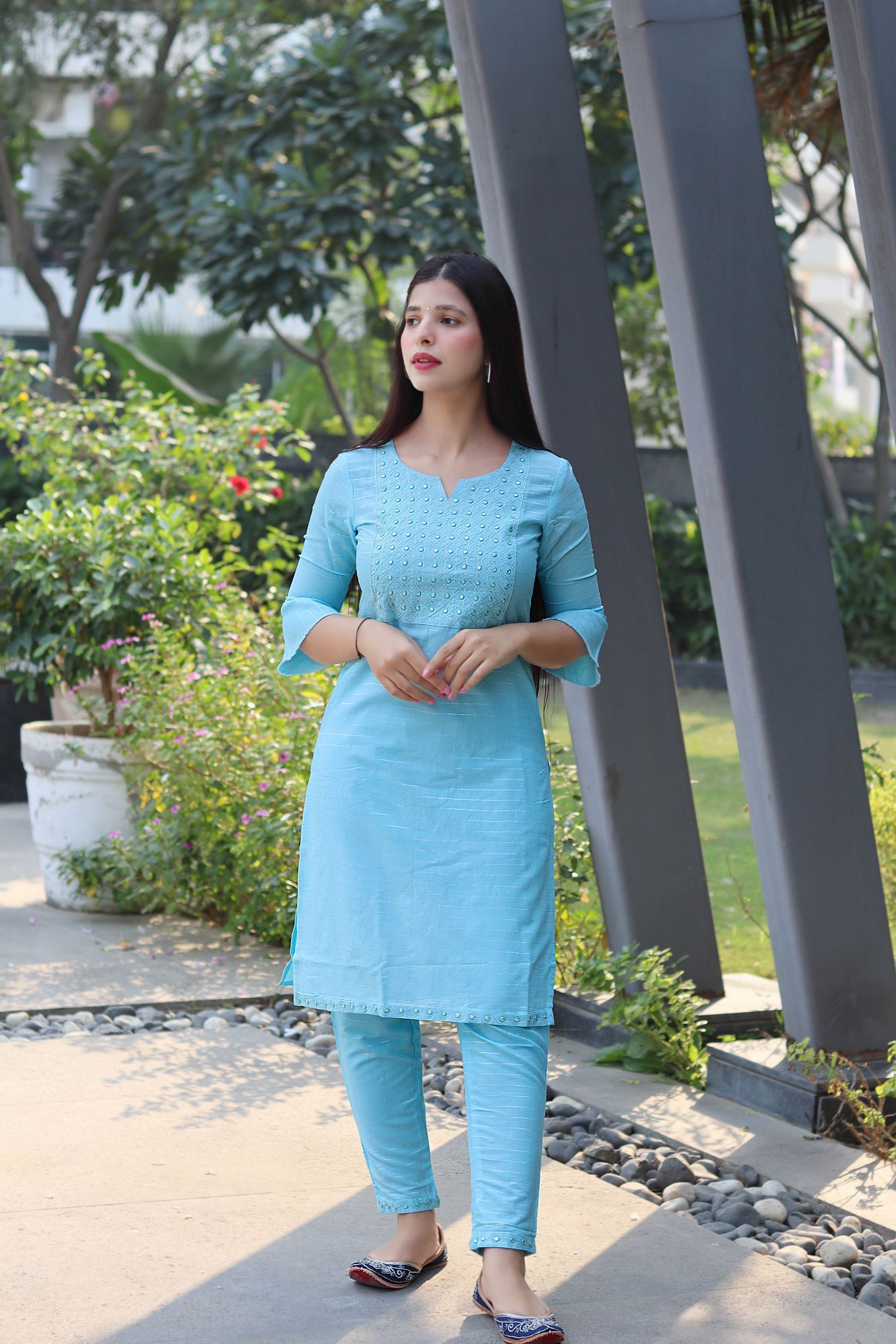 Aqua blue Zari embroidered kurta set