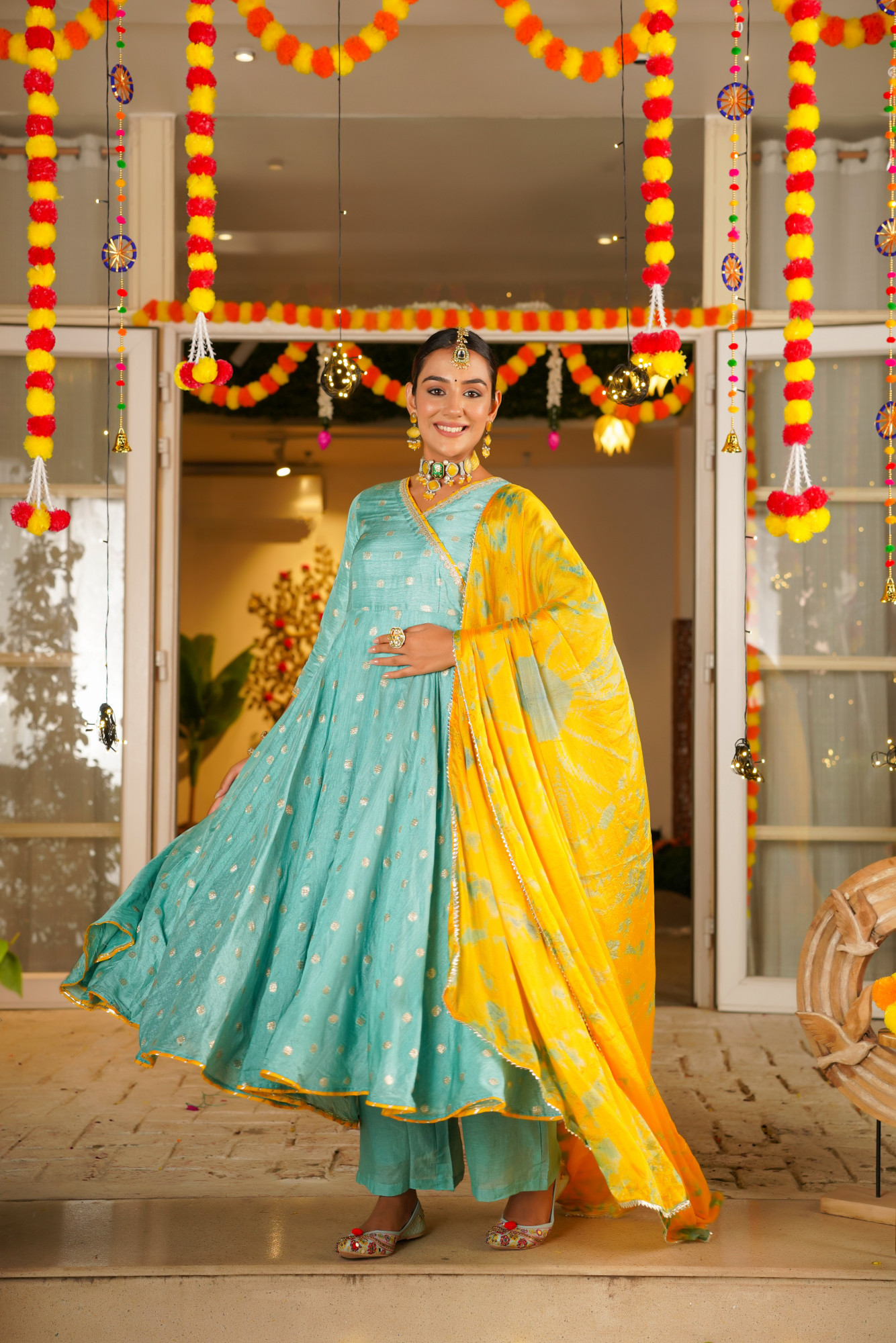 TURQUOISE SILK ANARKALI SET