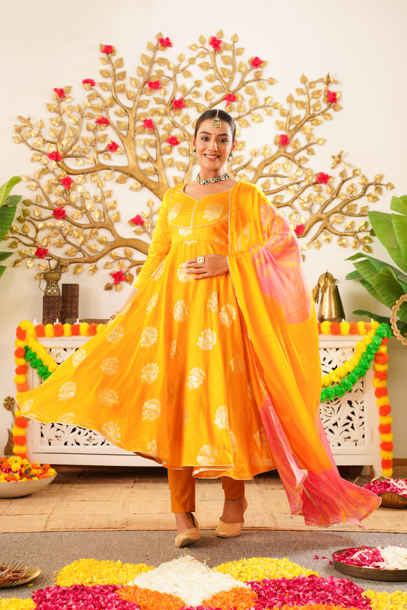 FLOWY MUSTARD SILK ANARKALI SET