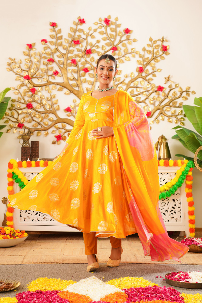 Image of FLOWY MUSTARD SILK ANARKALI SET