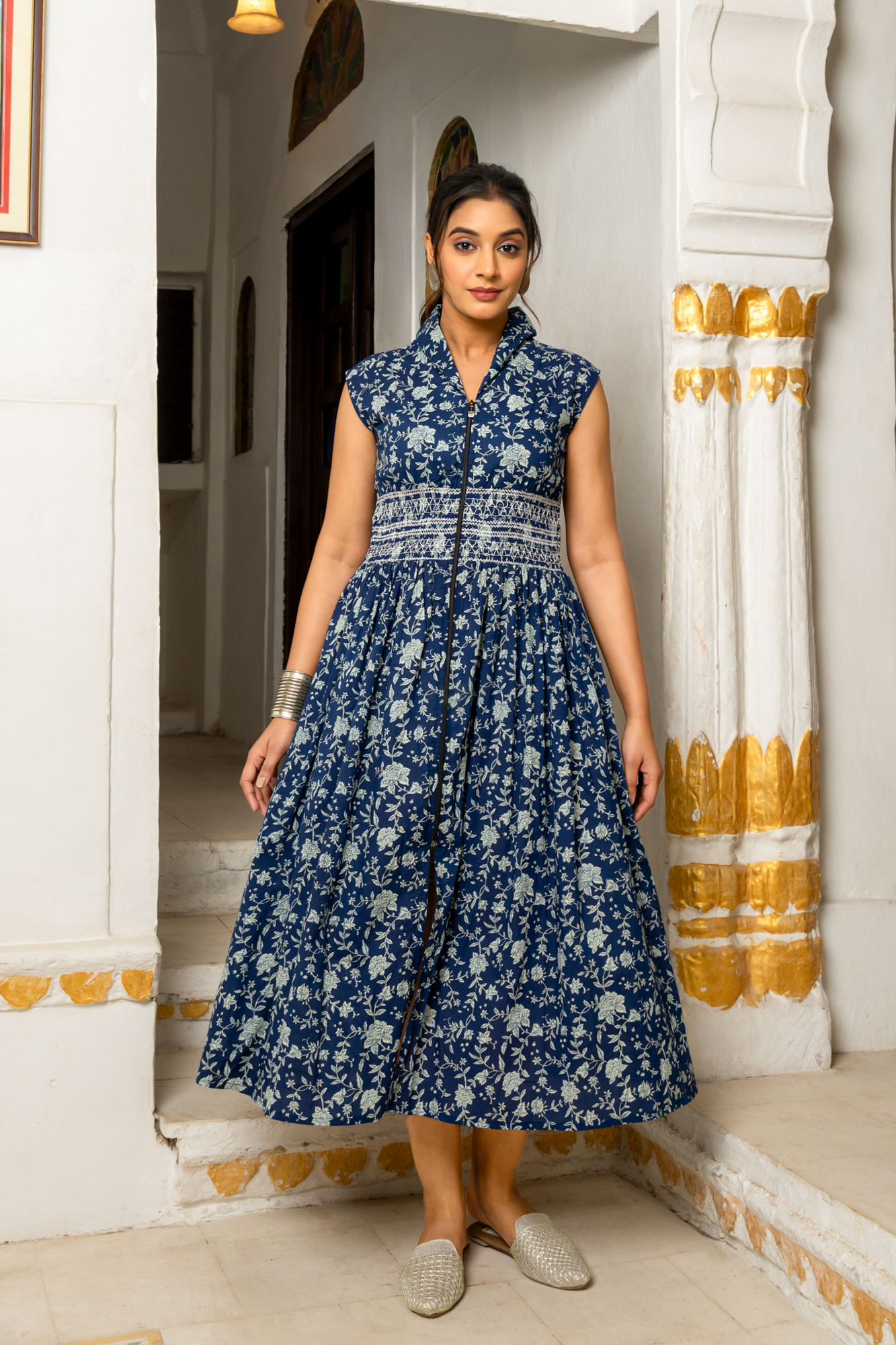 INDIGO FLORAL COTTON DRESS