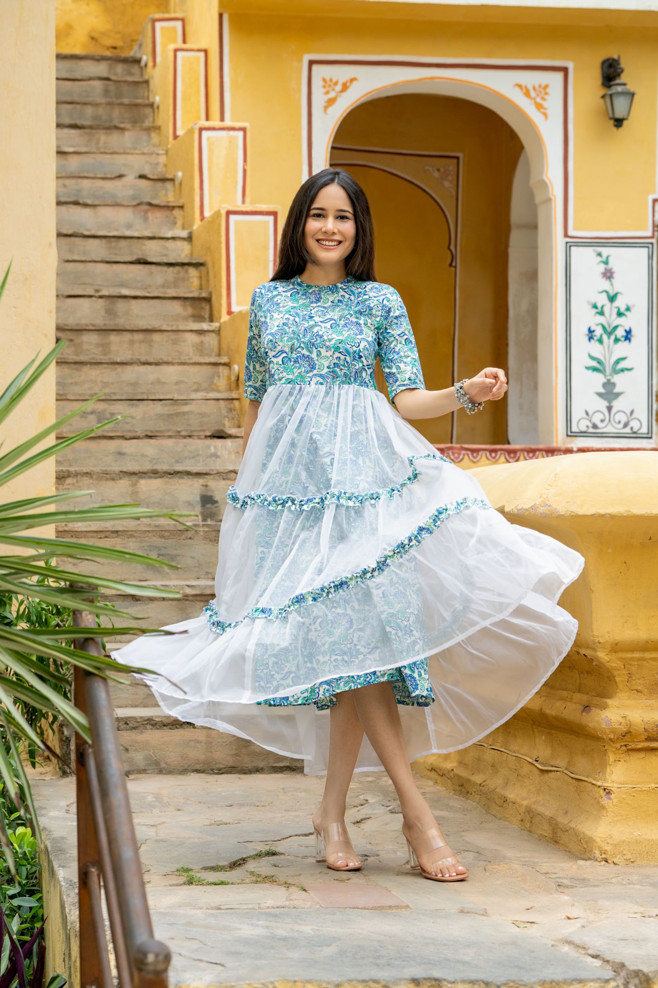 BLUE ORGANZA TIERED DRESS