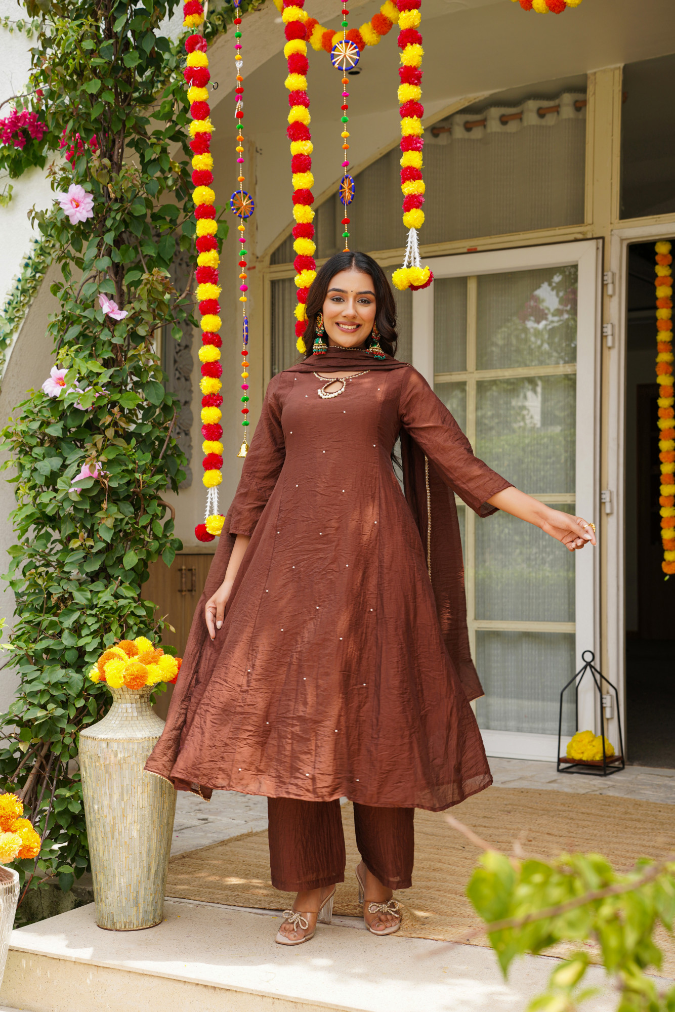 BROWN CHANDERI KURTA SET