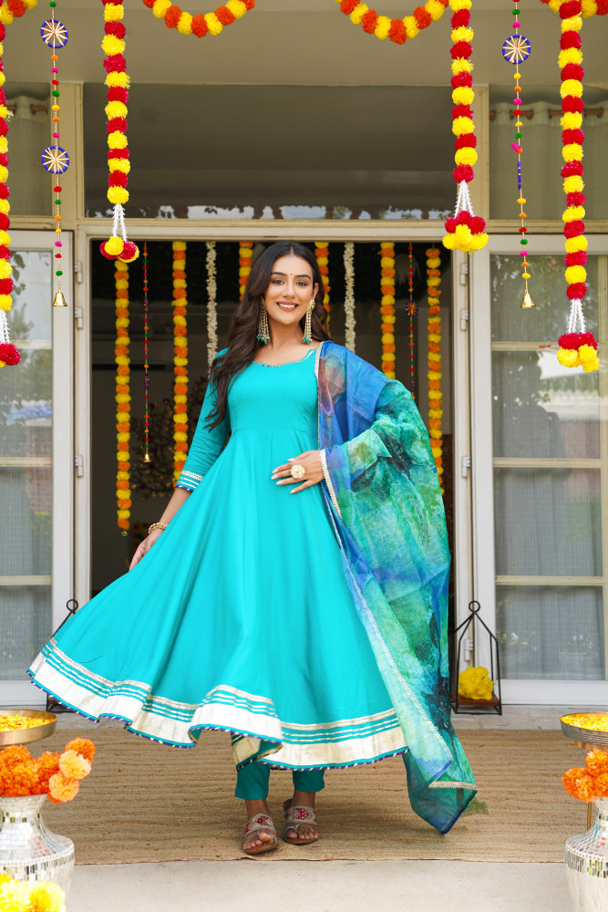 Image of TEAL LUSTRE RAYON ANARKALI SET