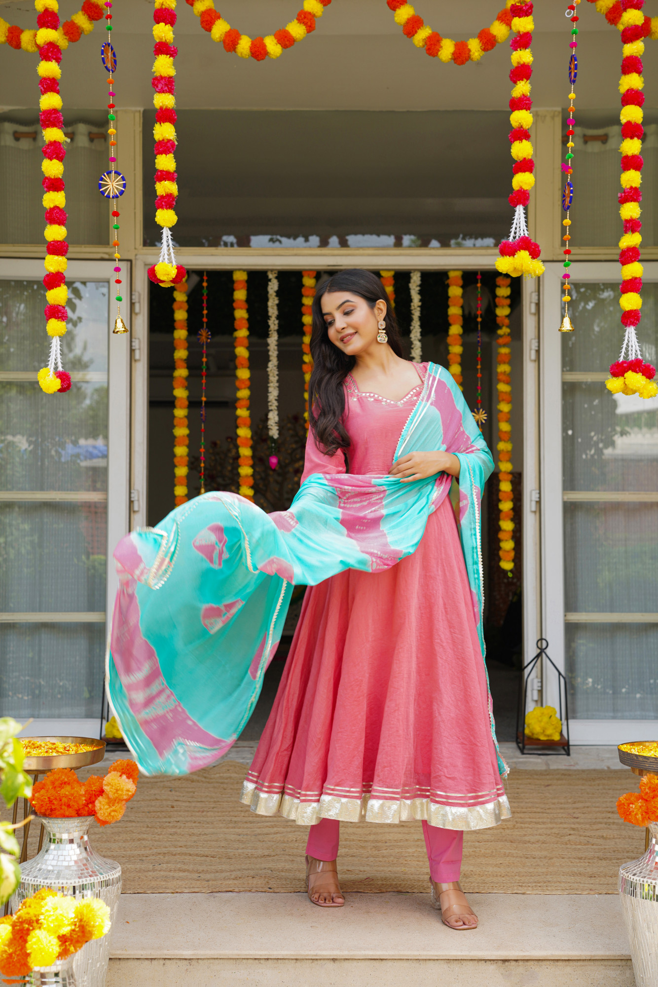 PEACH MIRROR SPARK ANARKALI SET