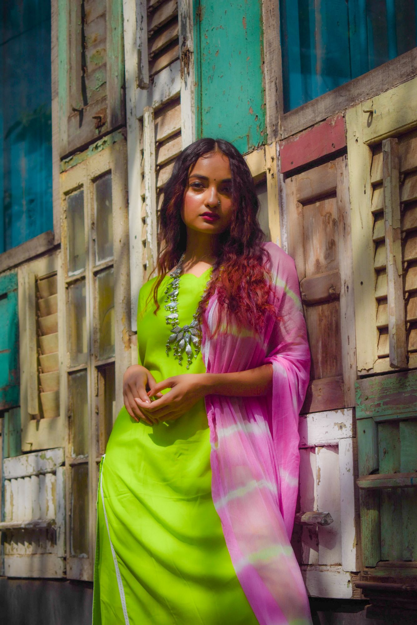 LIME GREEN LEHERIYA KURTA SET