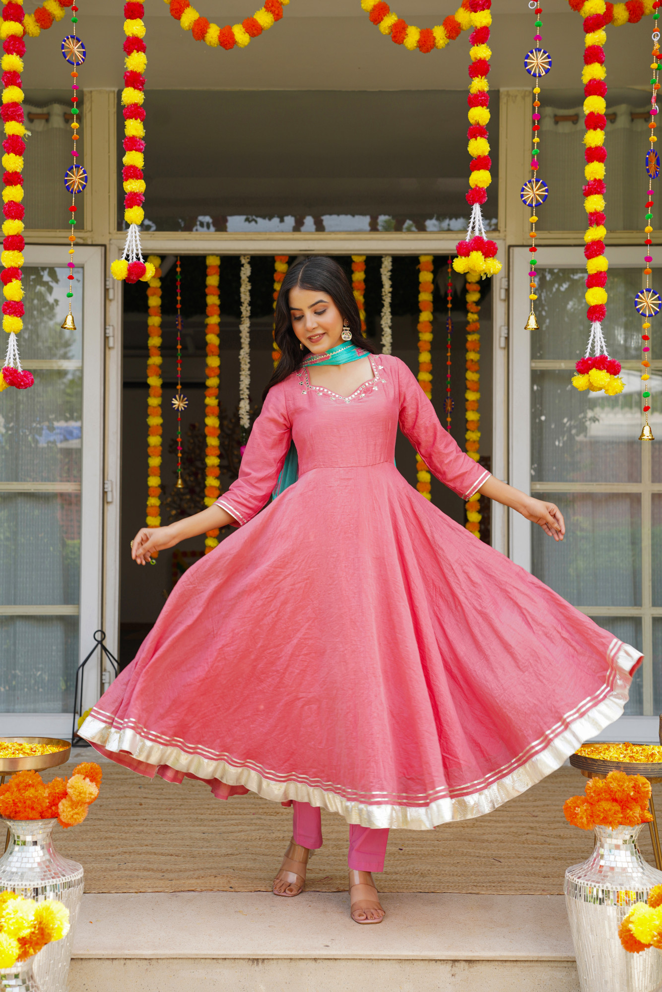 PEACH MIRROR SPARK ANARKALI SET