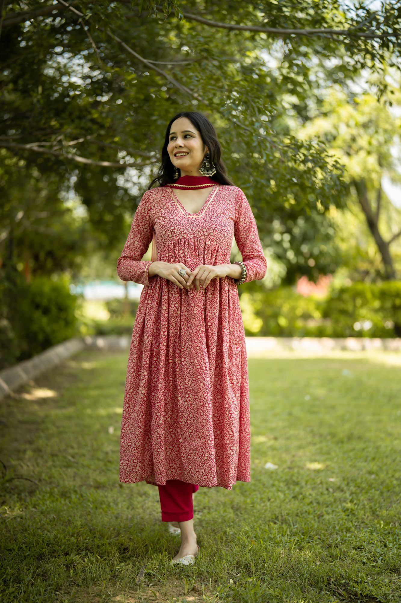 PINK COTTON FLARED KURTA SET