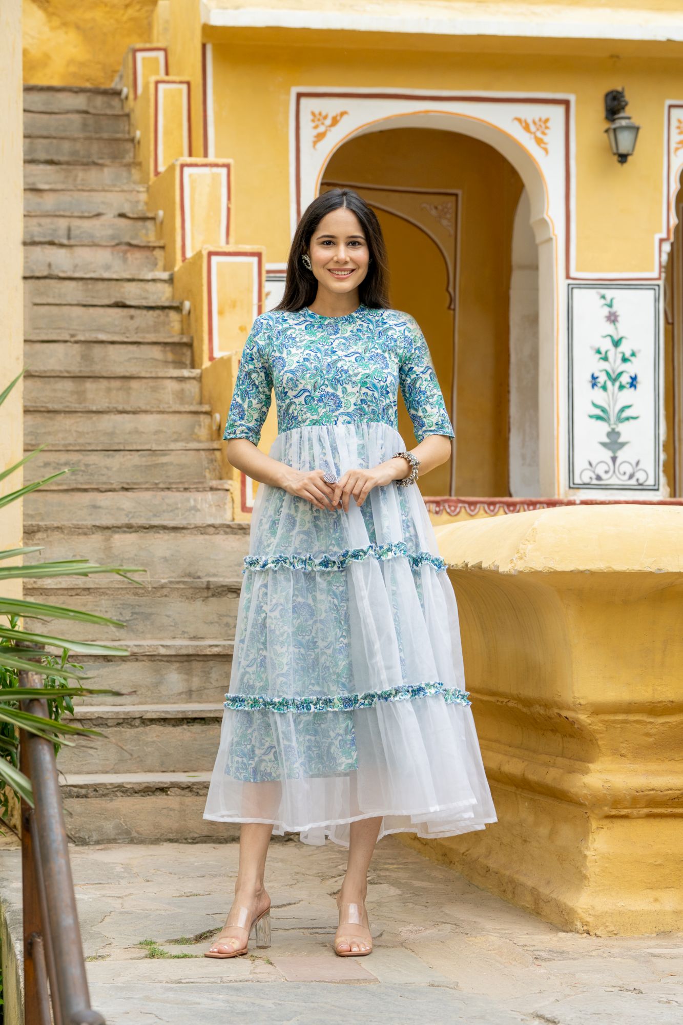 BLUE ORGANZA TIERED DRESS