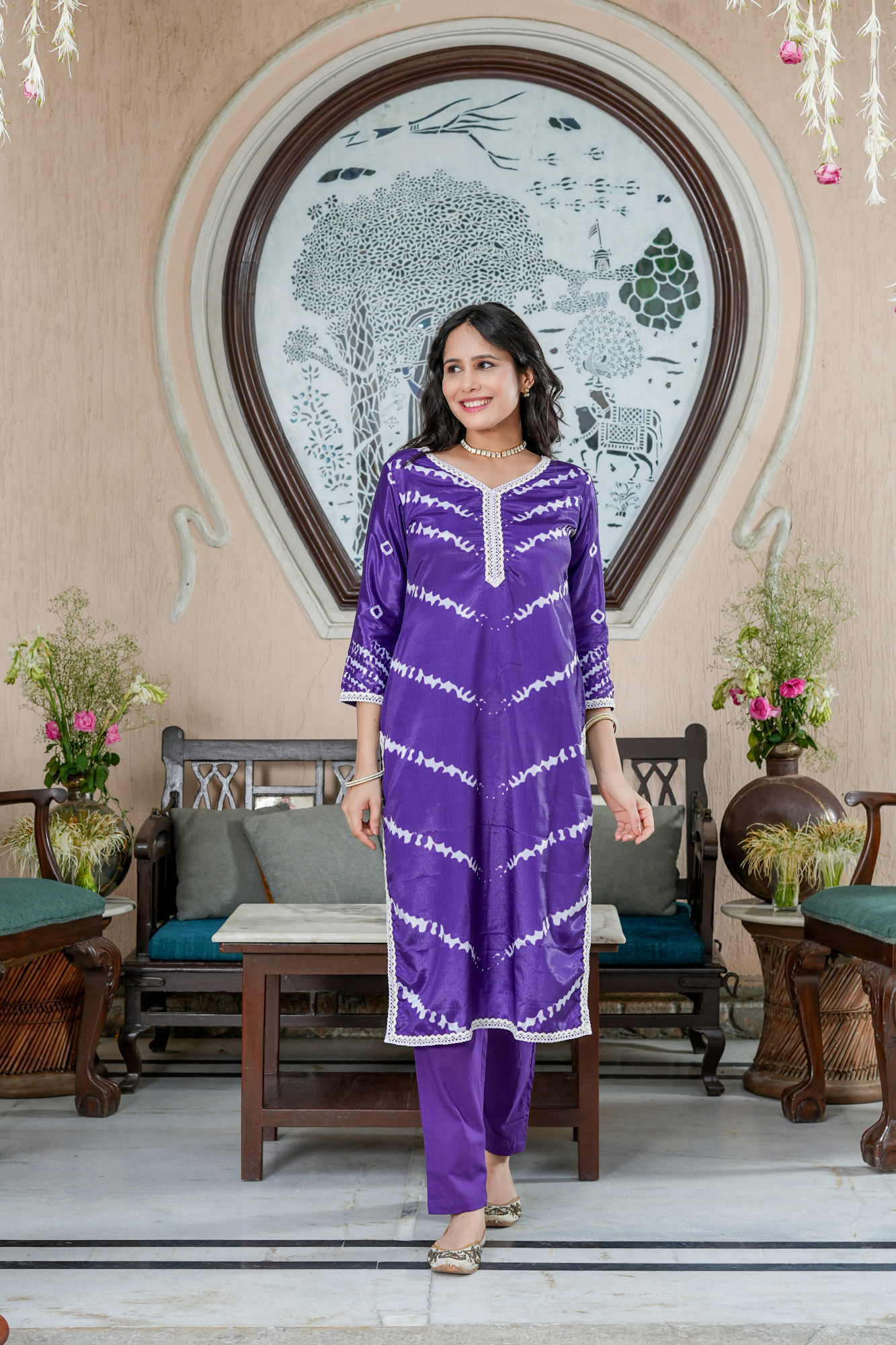PURPLE LEHERIYA EMBELLISHED KURTA SET
