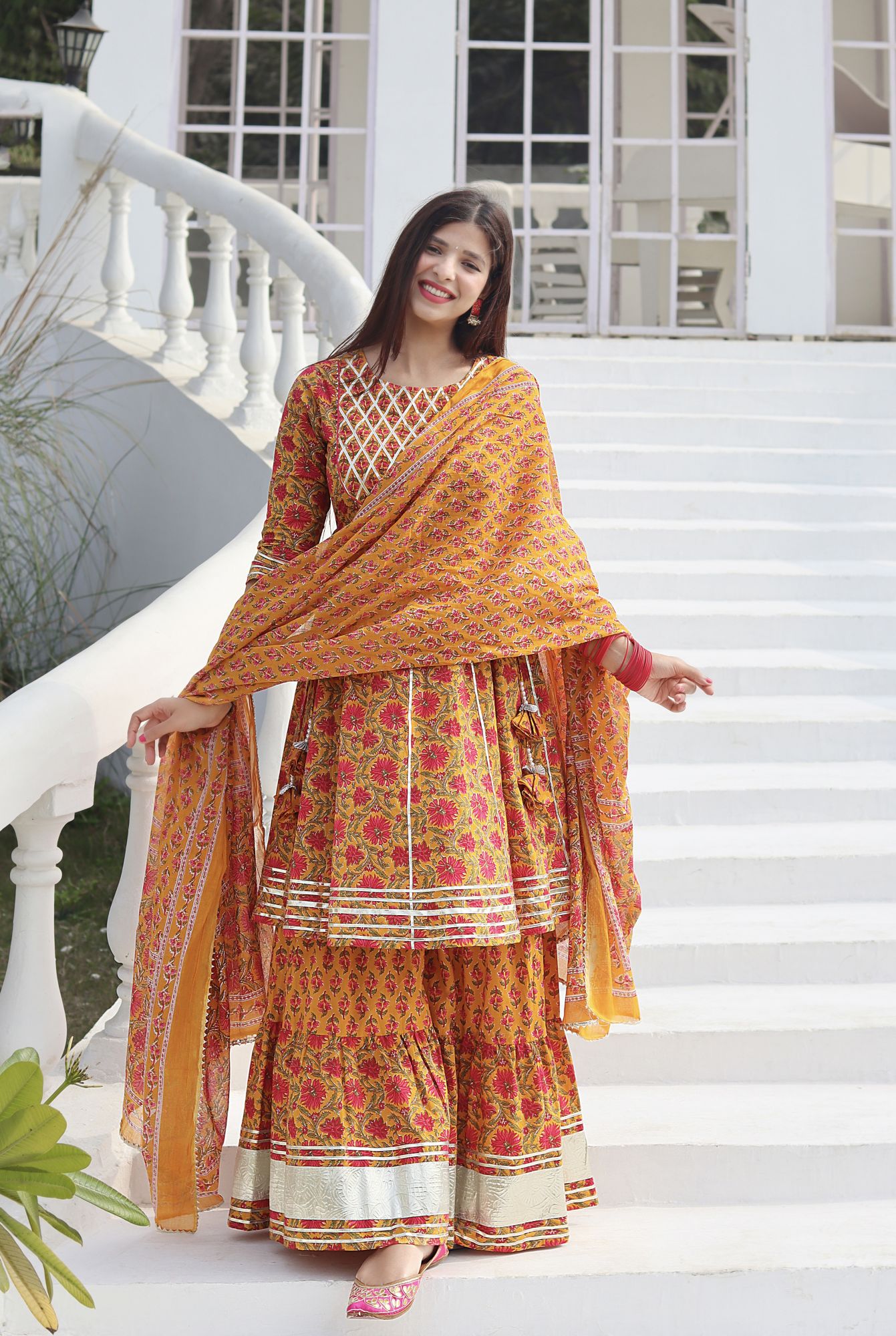 YELLOW HANDBLOCK COTTON SHARARA SET