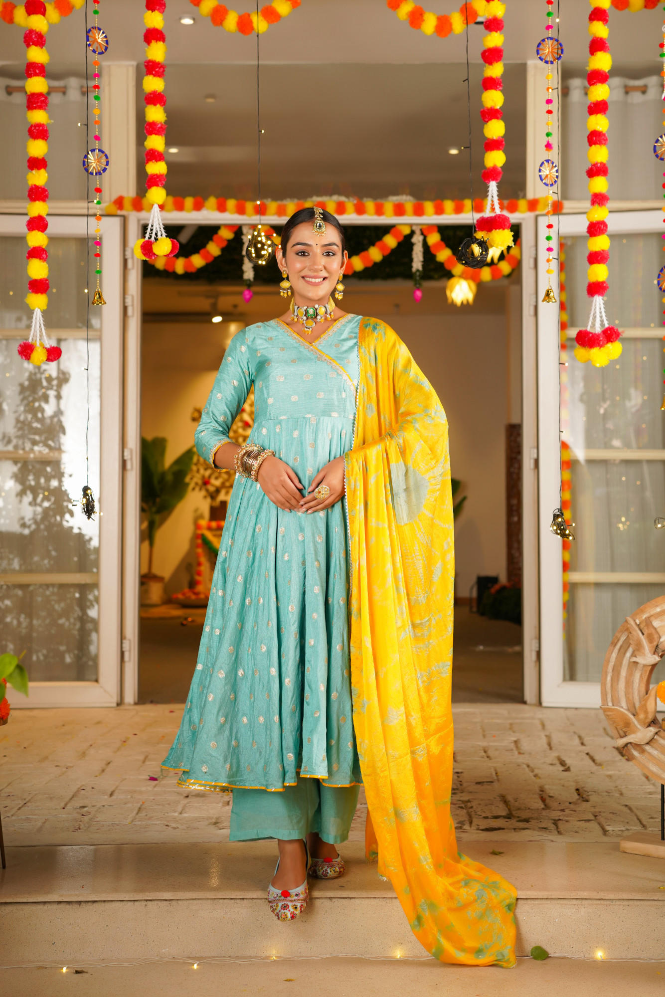 TURQUOISE SILK ANARKALI SET