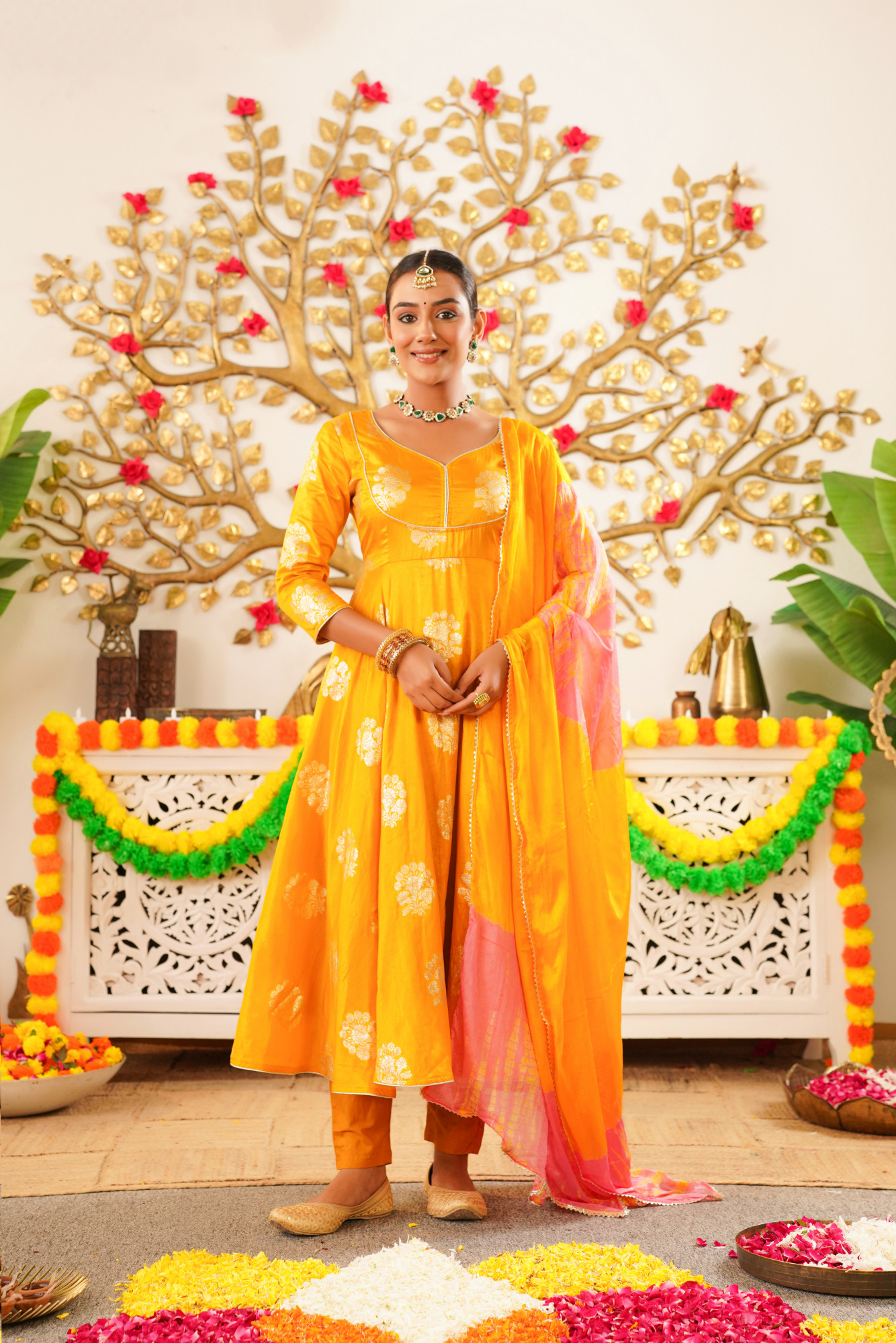 FLOWY MUSTARD SILK ANARKALI SET