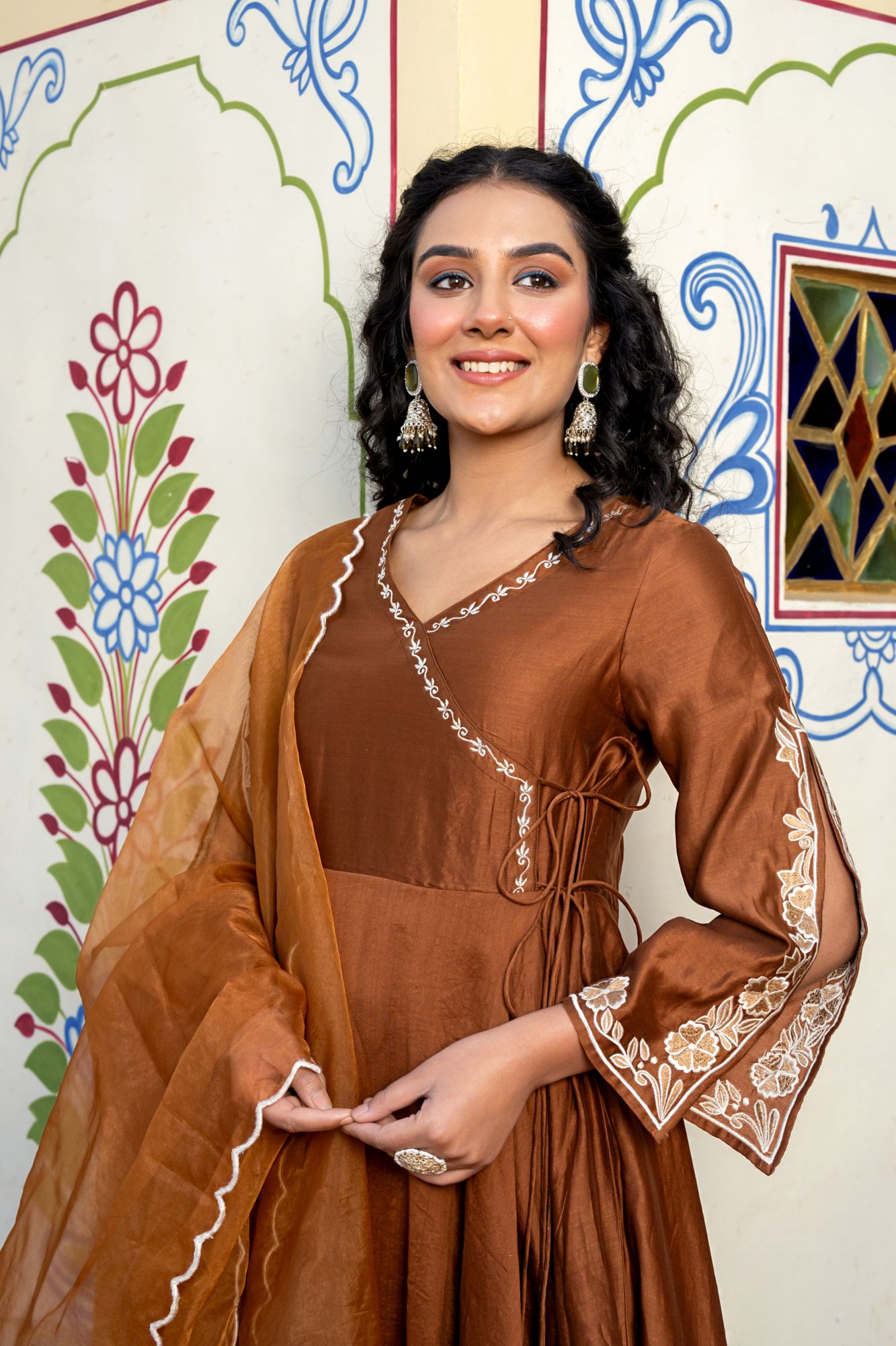 LUXE BROWN CHANDERI EMBROIDERY SUIT SET