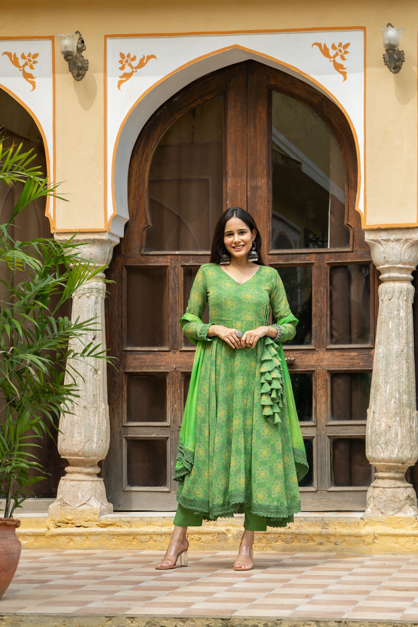 GREEN GEORGETTE BANDHEJ SUIT SET