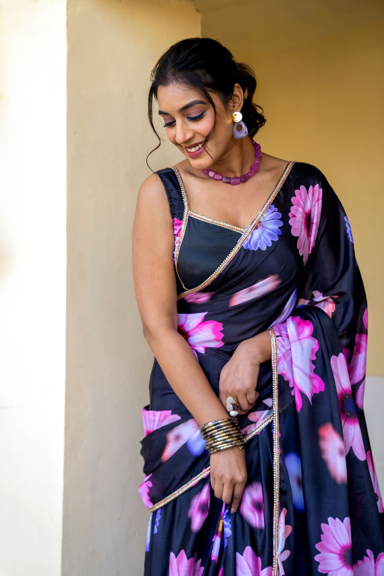 MIDNIGHT BLOOM CHINON PRE-DRAPED SAREE