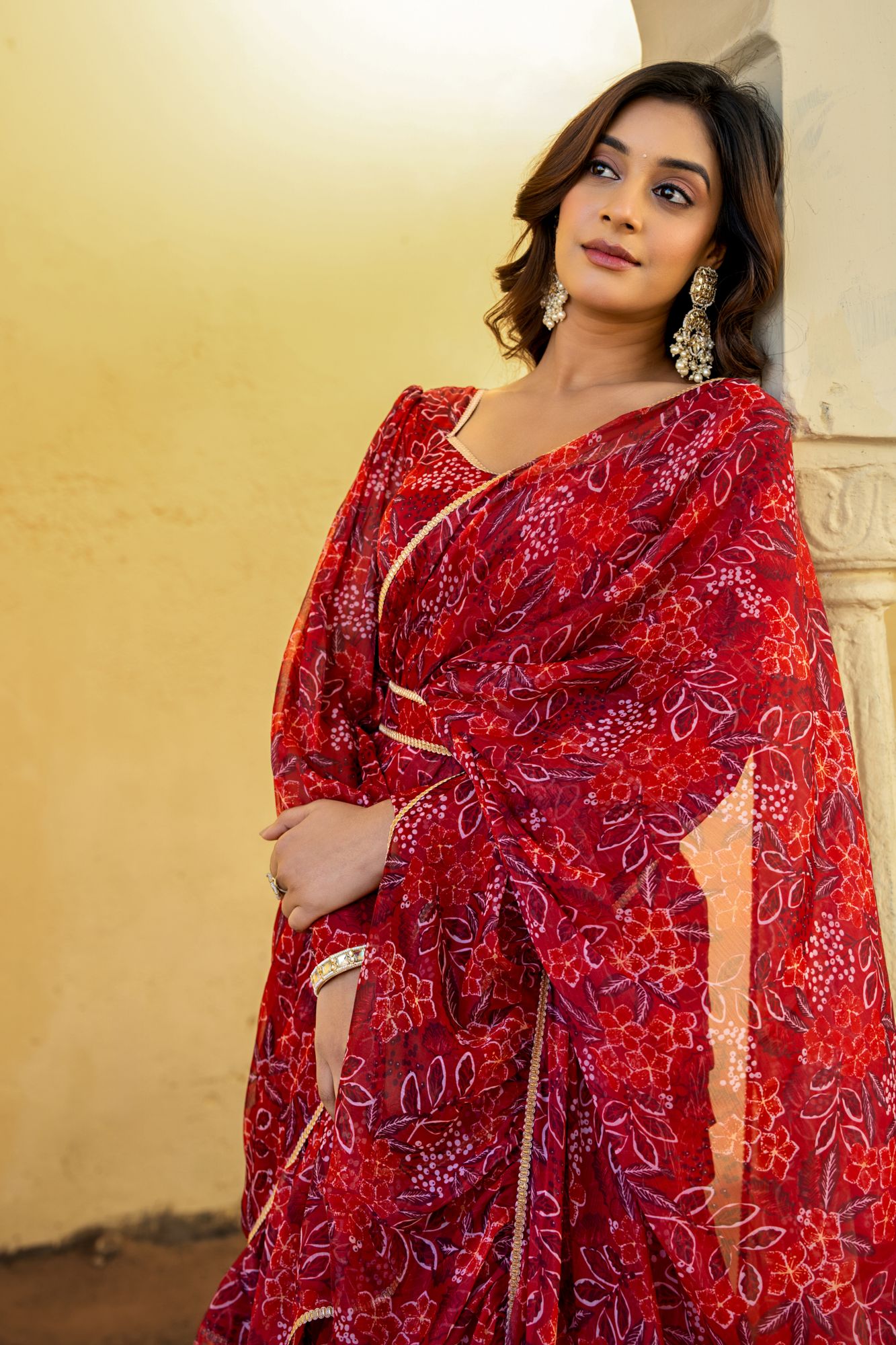 CRIMSON CHIFFON PRE-DRAPED SAREE