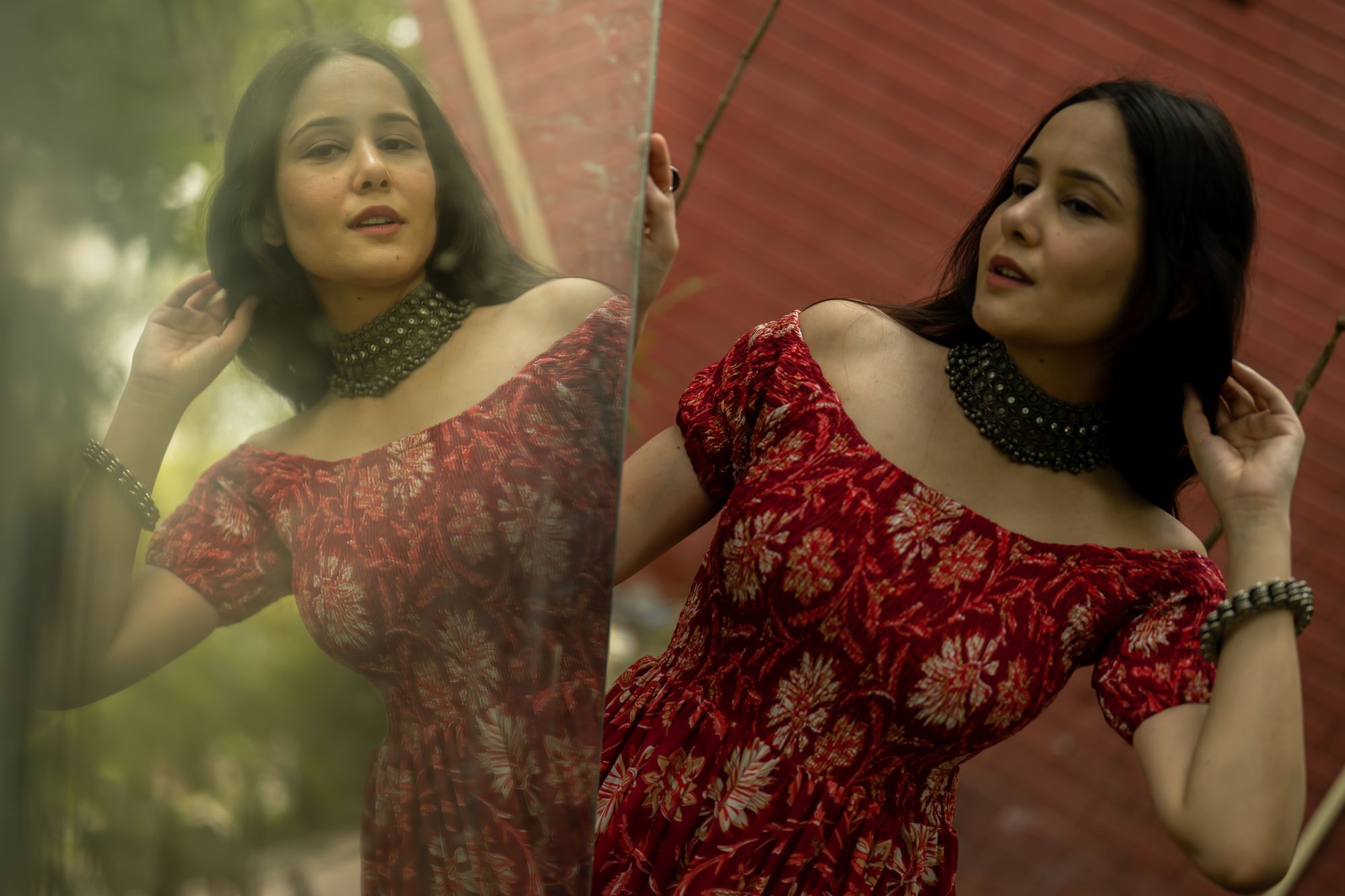 RED COTTON OFF-SHOULDER TIERED DRESS