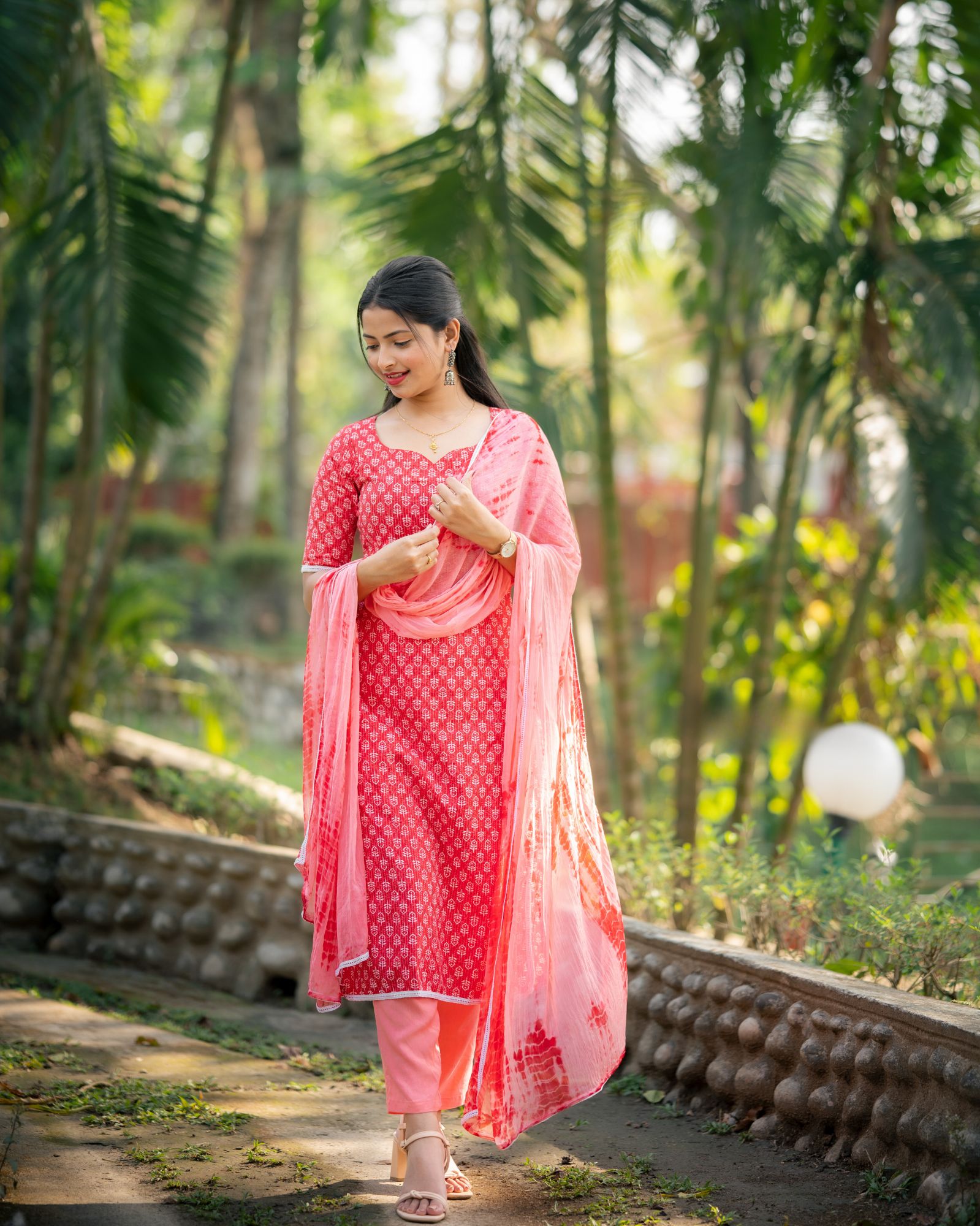 RED COTTON KANTHA KURTA SET