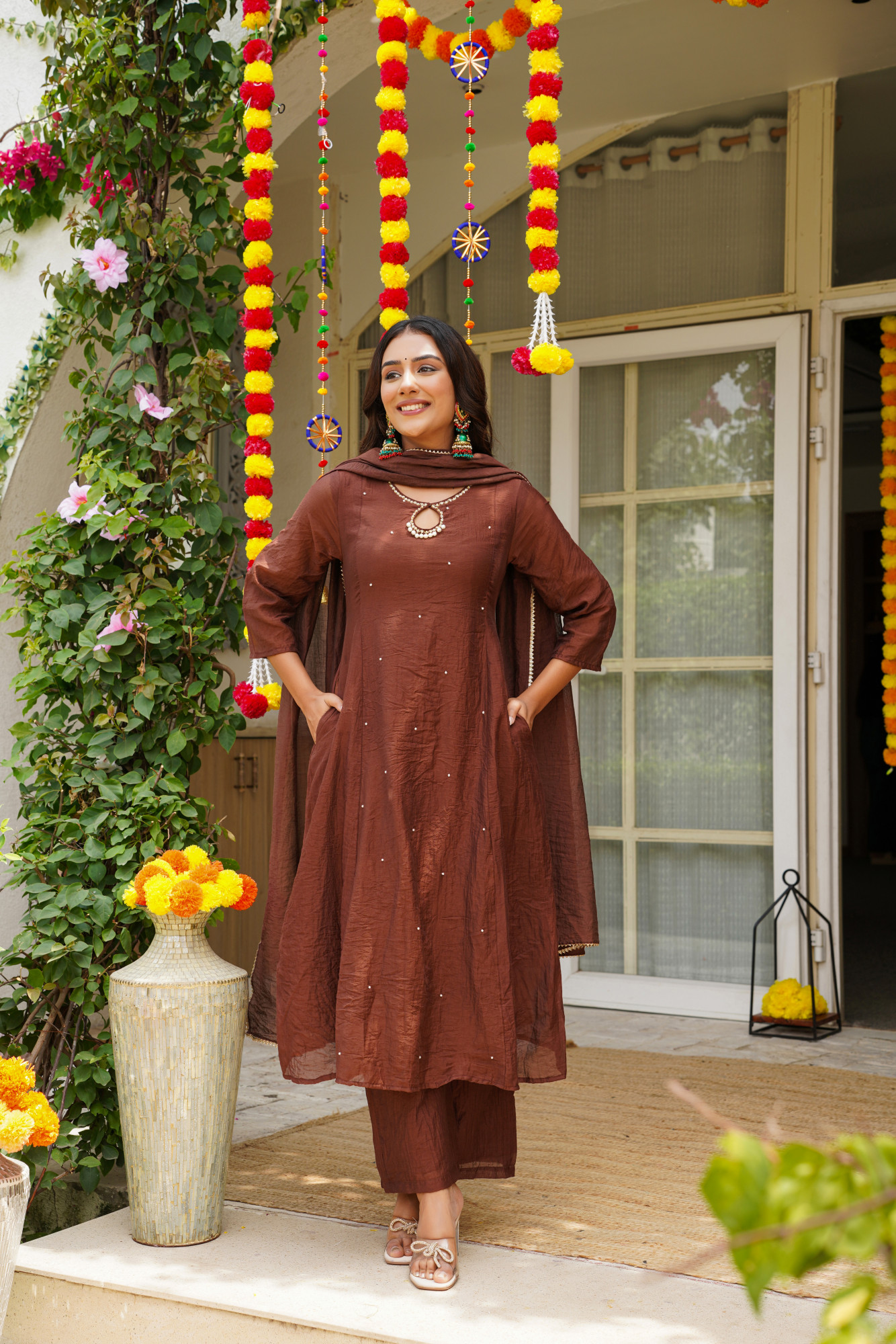 BROWN CHANDERI KURTA SET