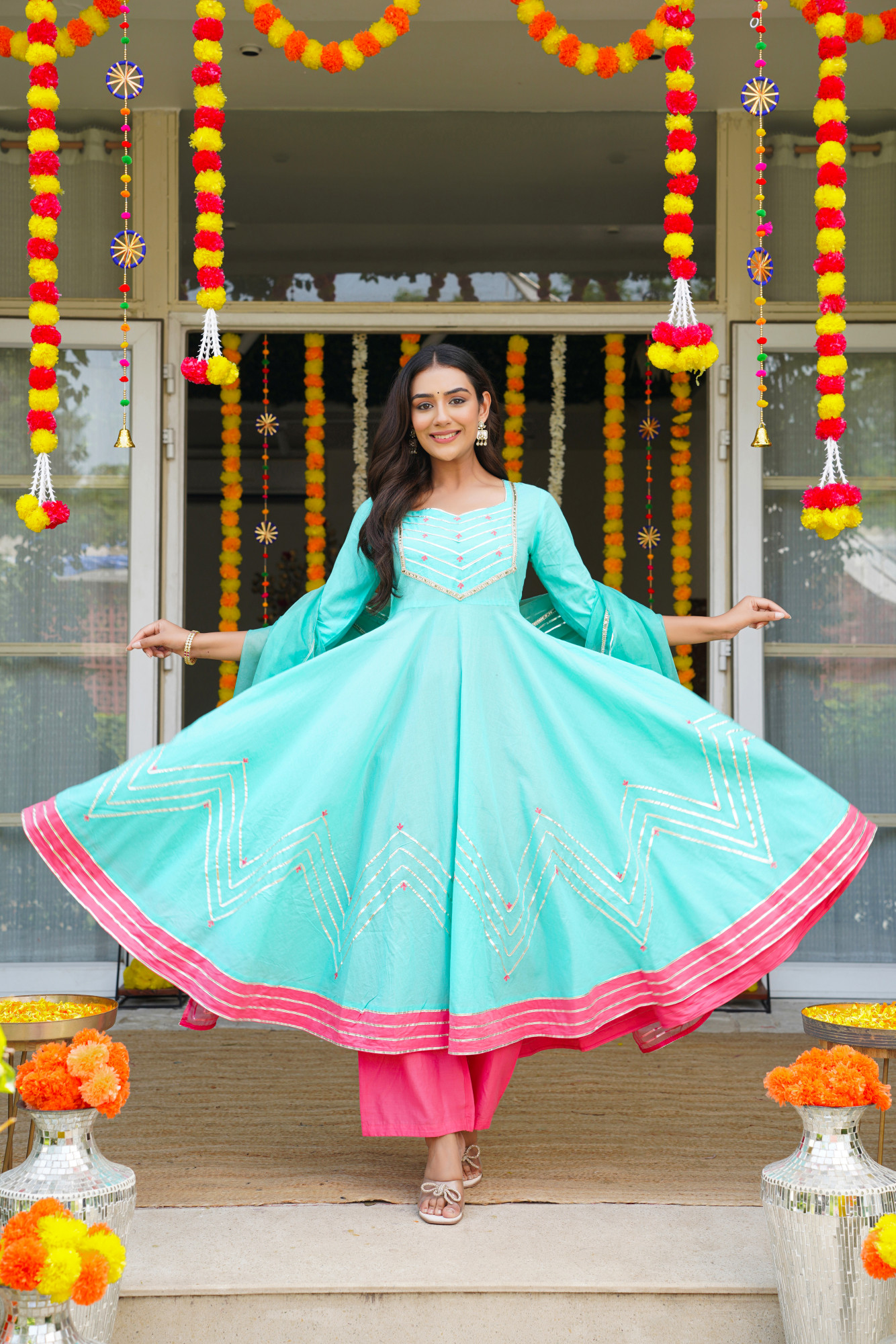 TURKQUOISE GOTA CHARM ANARKALI SET