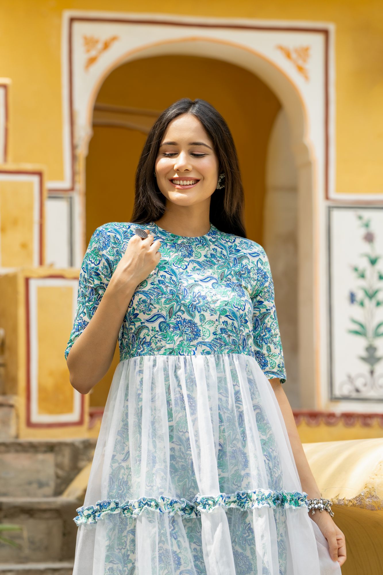 BLUE ORGANZA TIERED DRESS