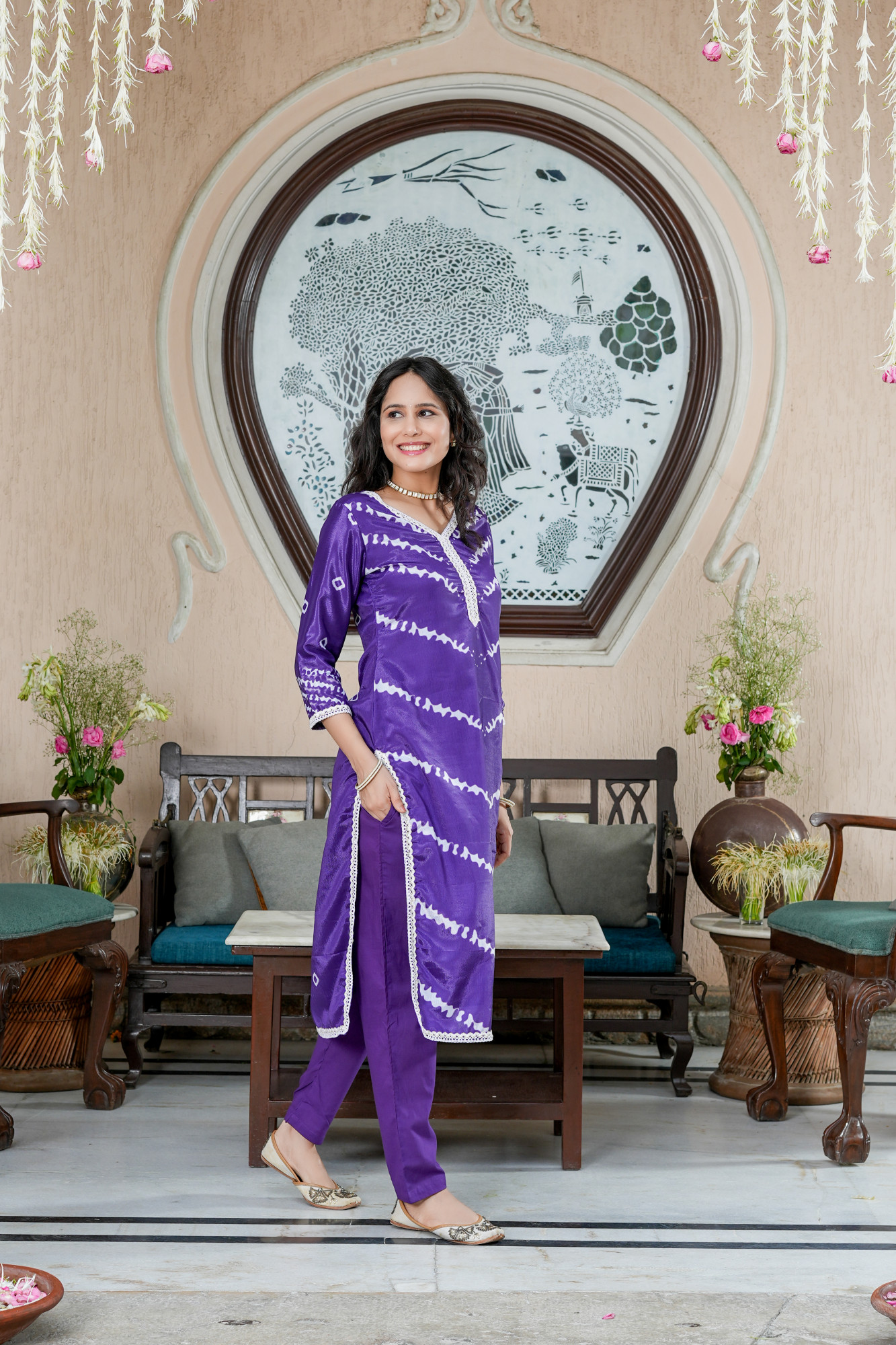 PURPLE LEHERIYA EMBELLISHED KURTA SET