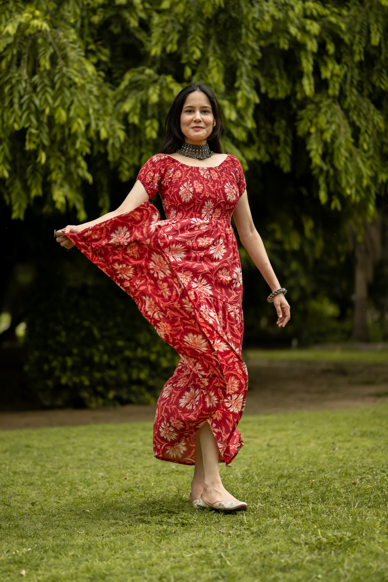RED COTTON OFF-SHOULDER TIERED DRESS