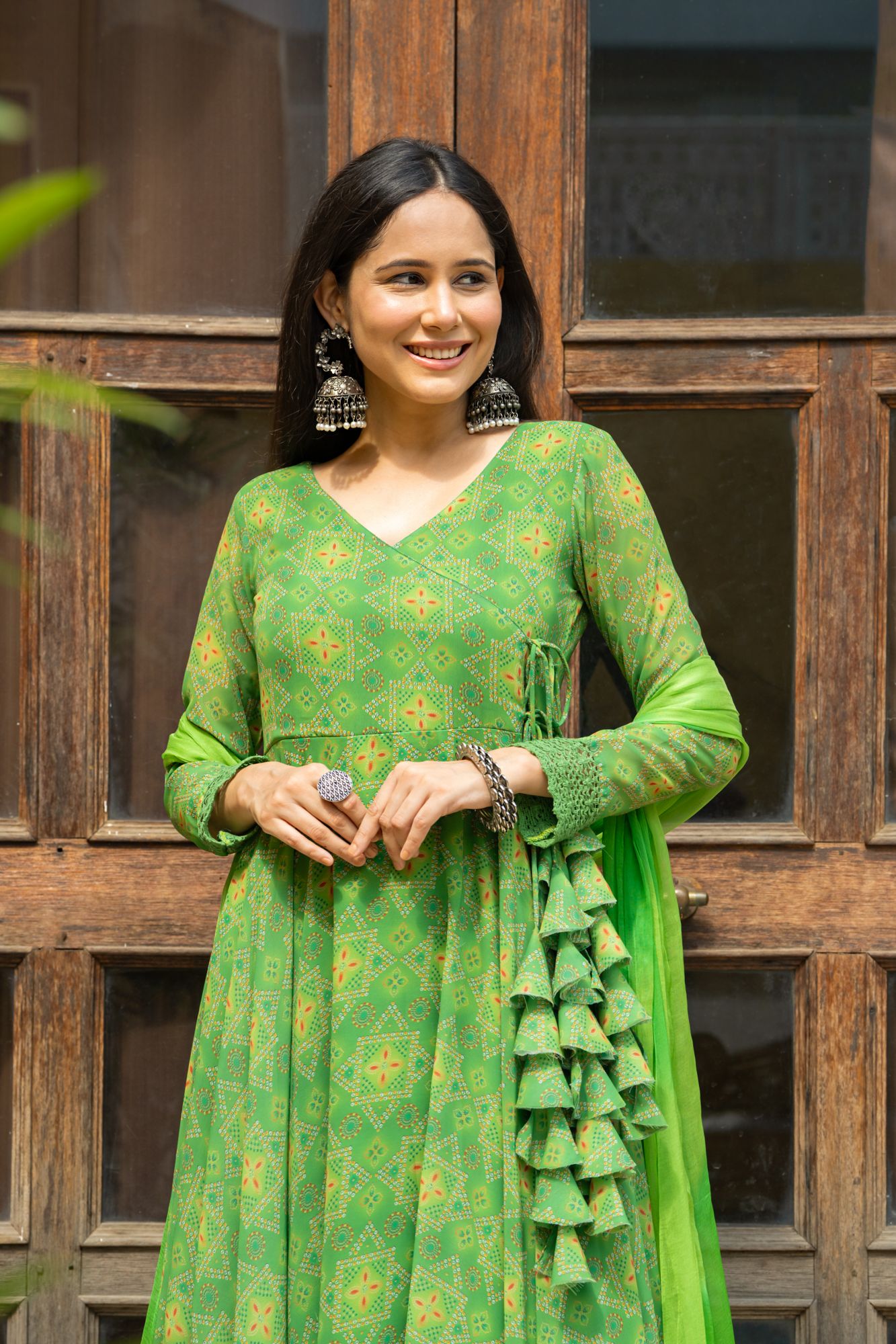 GREEN GEORGETTE BANDHEJ SUIT SET