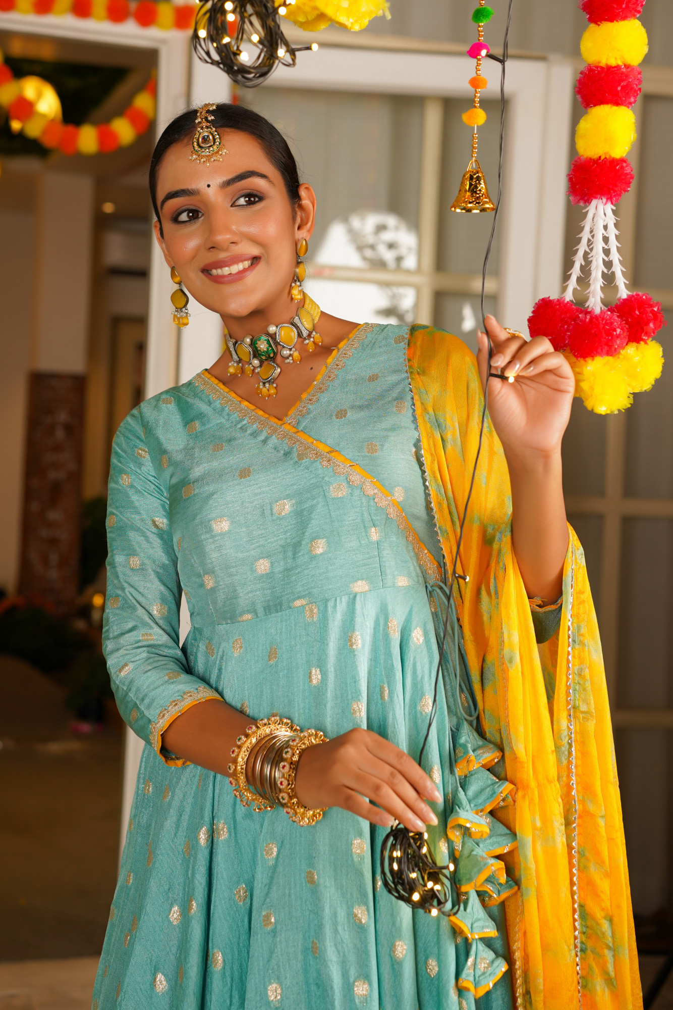 TURQUOISE SILK ANARKALI SET