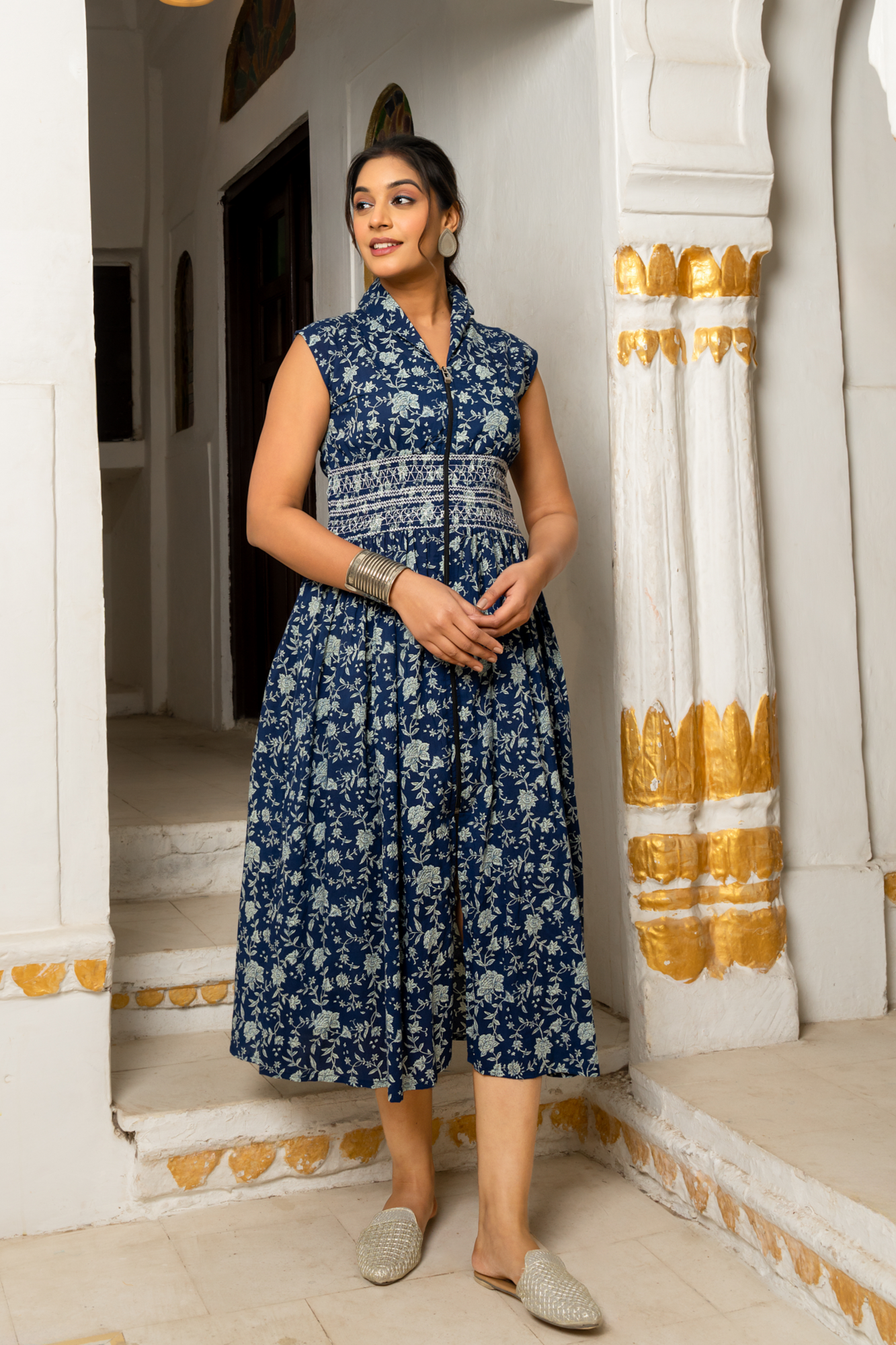 INDIGO FLORAL COTTON DRESS