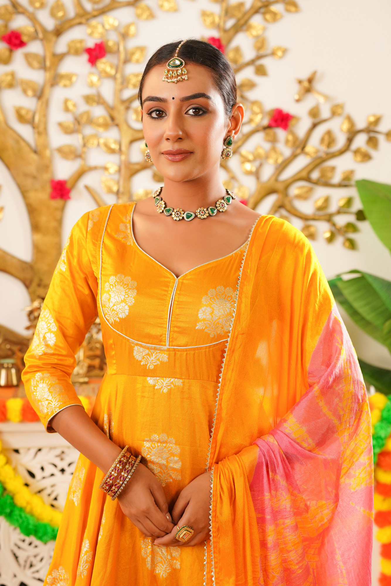 FLOWY MUSTARD SILK ANARKALI SET